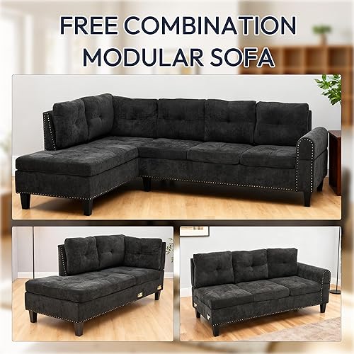 Miniatura 6 de Sofá modular modular con portavasos, sofá modular en forma de L con diván y respaldo ajustable, moderno sofá de tela de lino para sala de estar,