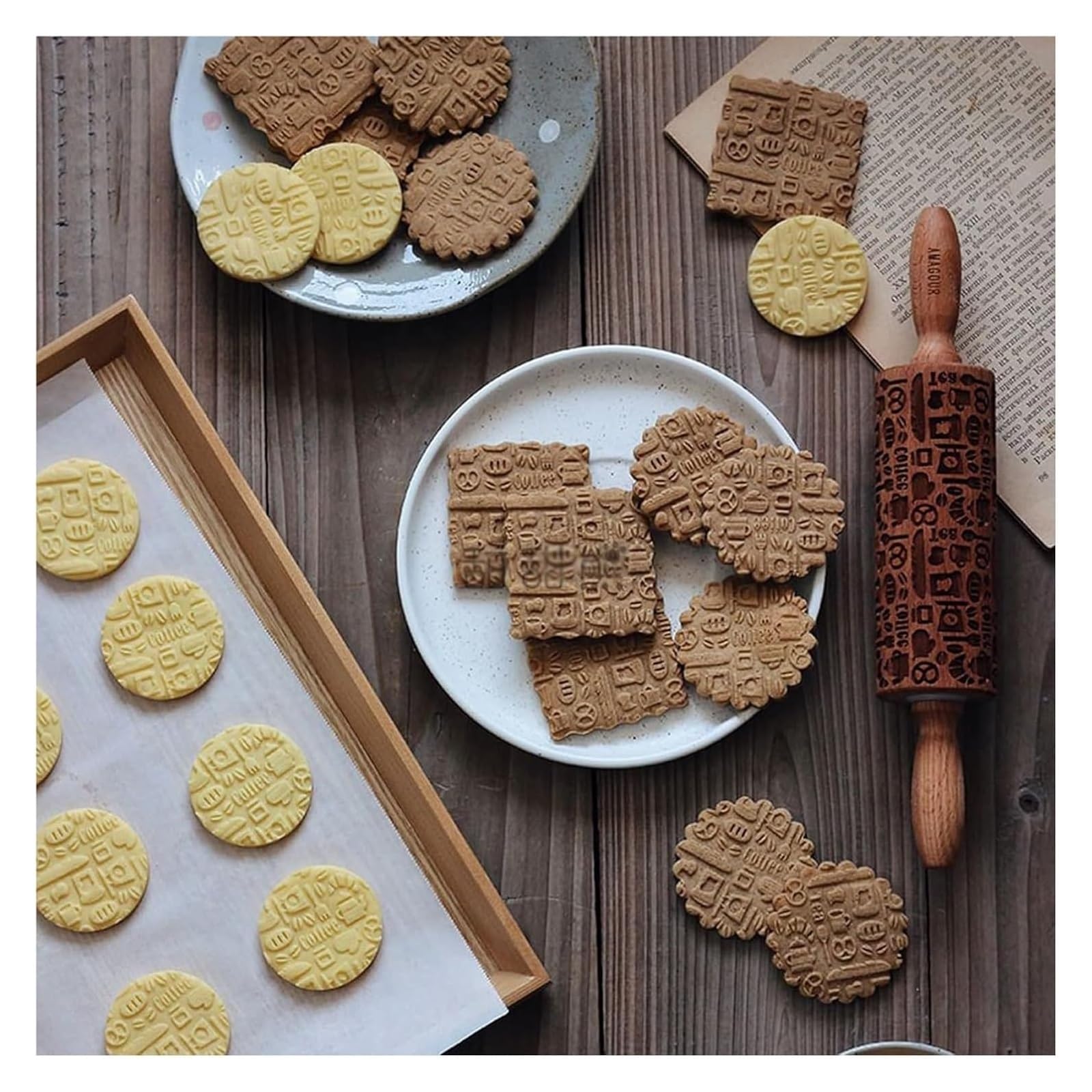 Rodillo, Grabado en relieve de madera for hornear, for hacer galletas, cortezas, pasteles, pastelería, arcilla