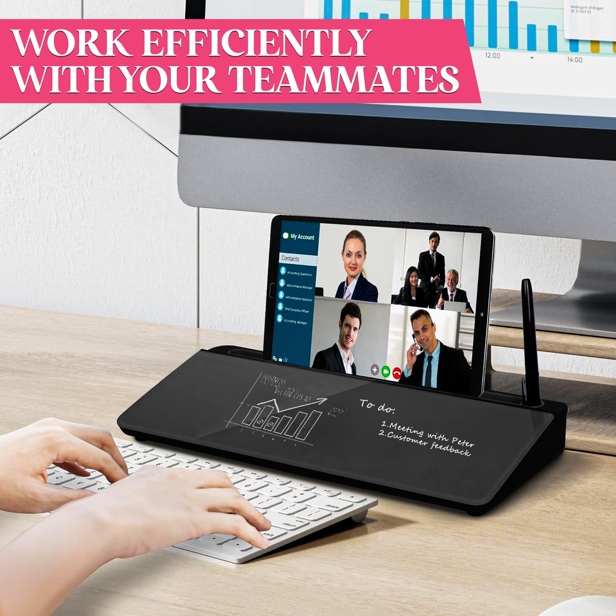 Pizarra blanca de escritorio – Pizarra blanca de escritorio de vidrio con almacenamiento – Pizarra pequeña de borrado en seco, organizador de soporte para teclado de computadora para notas