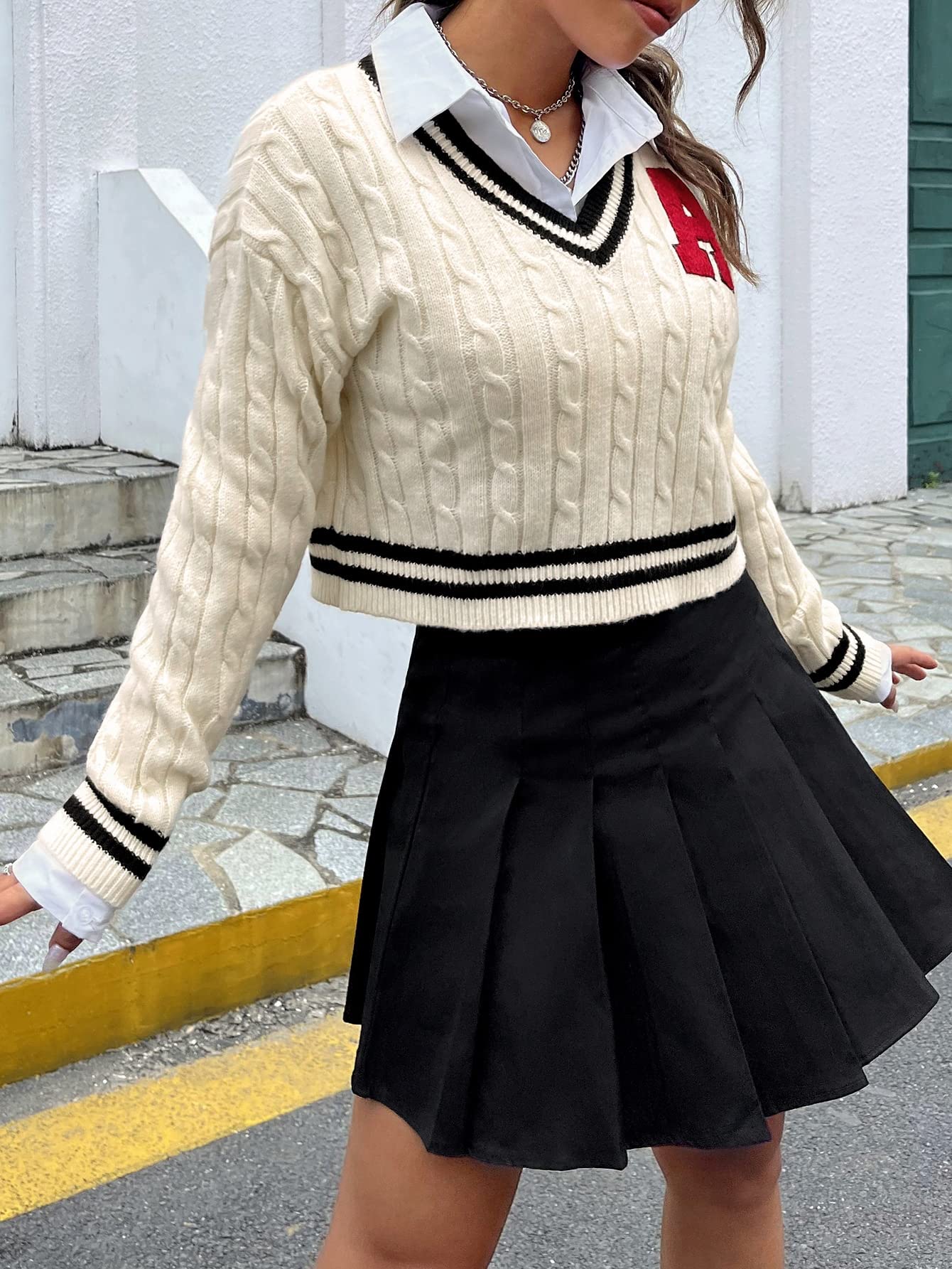 Amazon.com: Neeno 1pc Letter Patched Striped Trim Cable Knit
