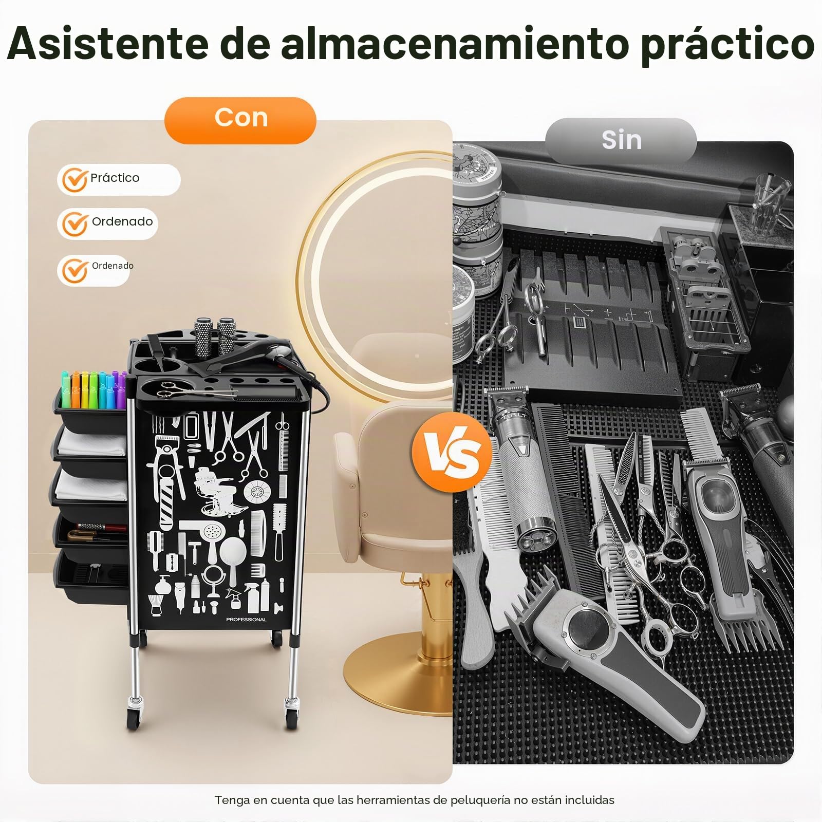 Carrito de salón 5 cajones con ruedas para estilista peluquería spa 20 kg negro