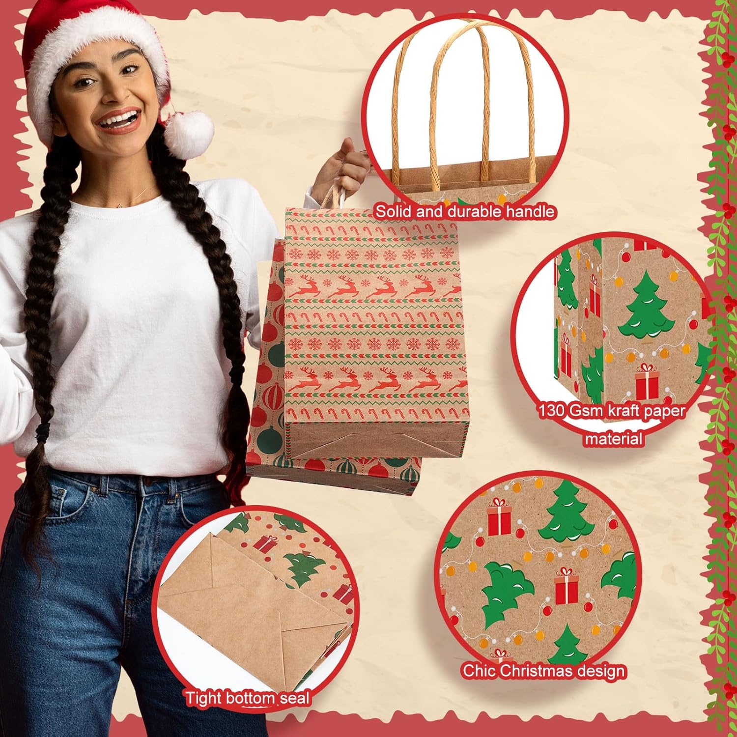 Fulmoon 48 Set Christmas Kraft Gift Bags Bulk Xmas Assorted Paper Gift Bags with Handle Holiday for Presents Xmas Party Favor Supplies Decor