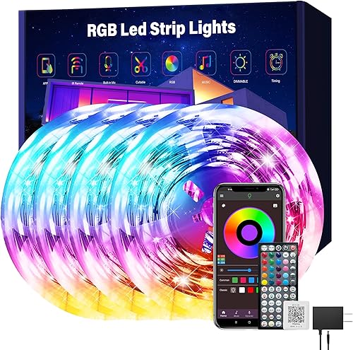 Miniatura 11 de Luces LED para dormitorio de 200 pies (2 rollos de 100 pies), tira de luces LED RGB con sincronización de música y control remoto mediante