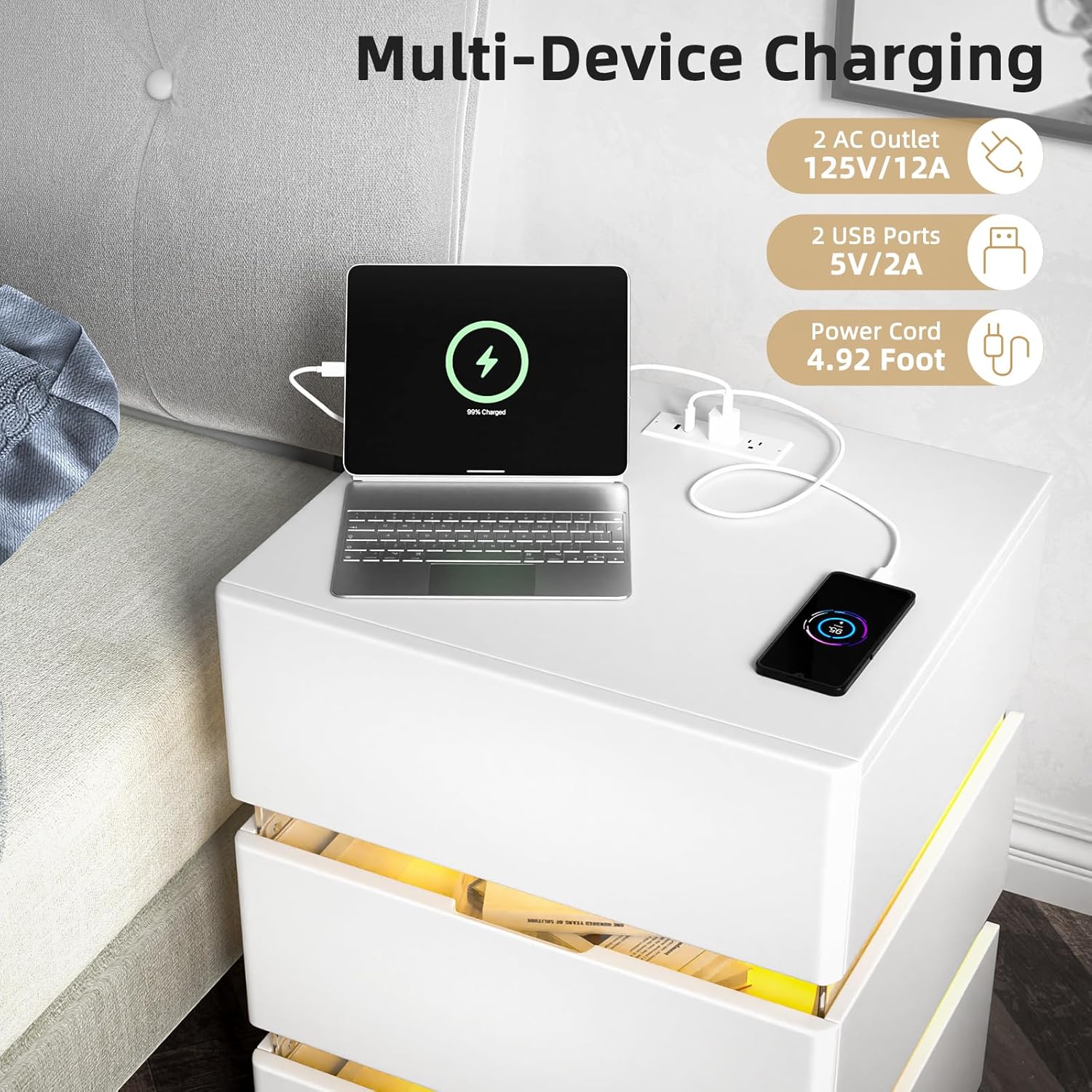 VINGLI White Nightstand Set of 2 with Charging Station, LED Nightstand with 3 Drawers, Acrylic Smart Nightstand, Wood Nightstands Bedroom, Modern Night Stands, Bedside Table, End Table