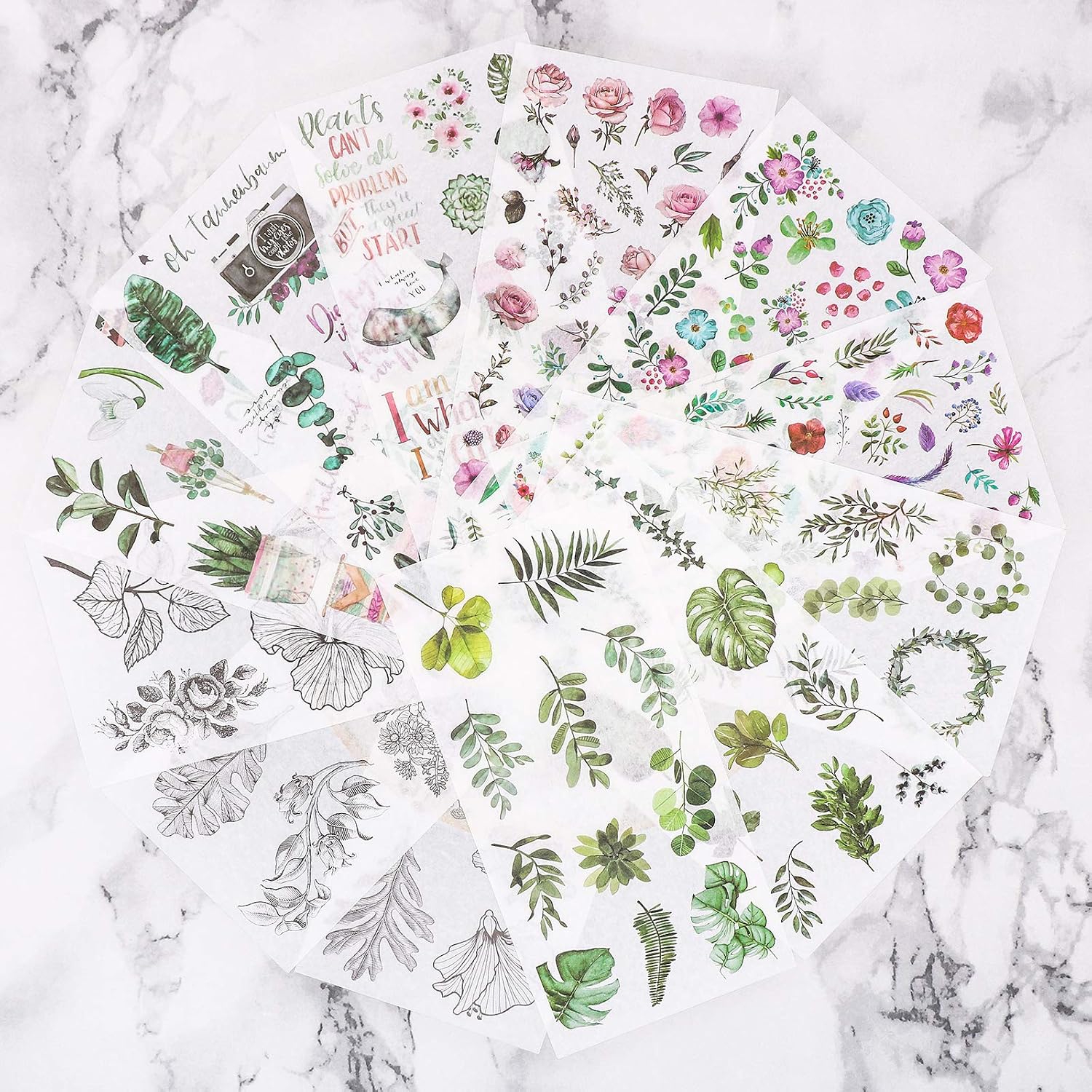 Knaid Watercolor Large Stickers Set (Assorted 250+ Pieces, 12 Sheets) - Decorative Sticker for Scrapbooking, Kid DIY Arts Crafts, Album, Bullet Journaling, Junk Journal, Planners, Notebook