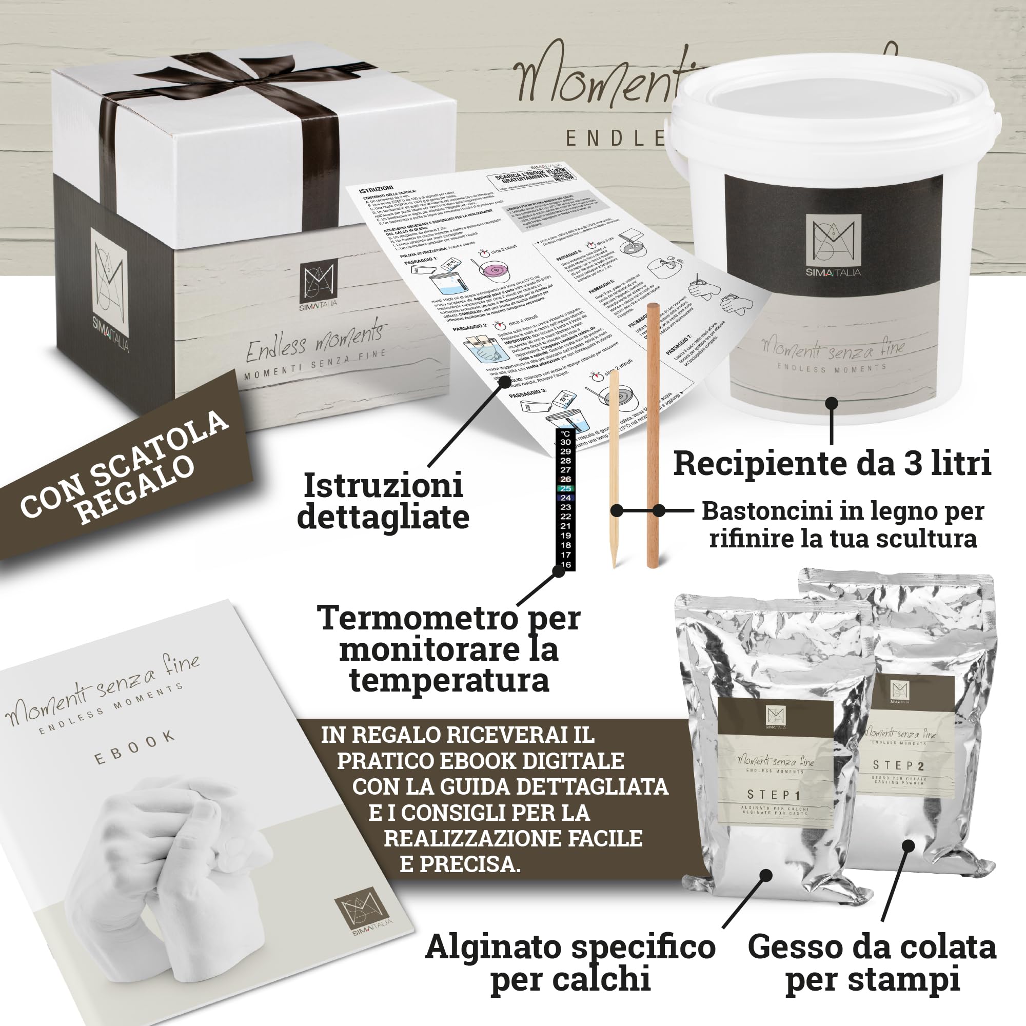 SIMAITALIA Kit Calco Mani Coppia Completo con Video Guida ed Ebook - Stampo 3D in Gesso e Alginato