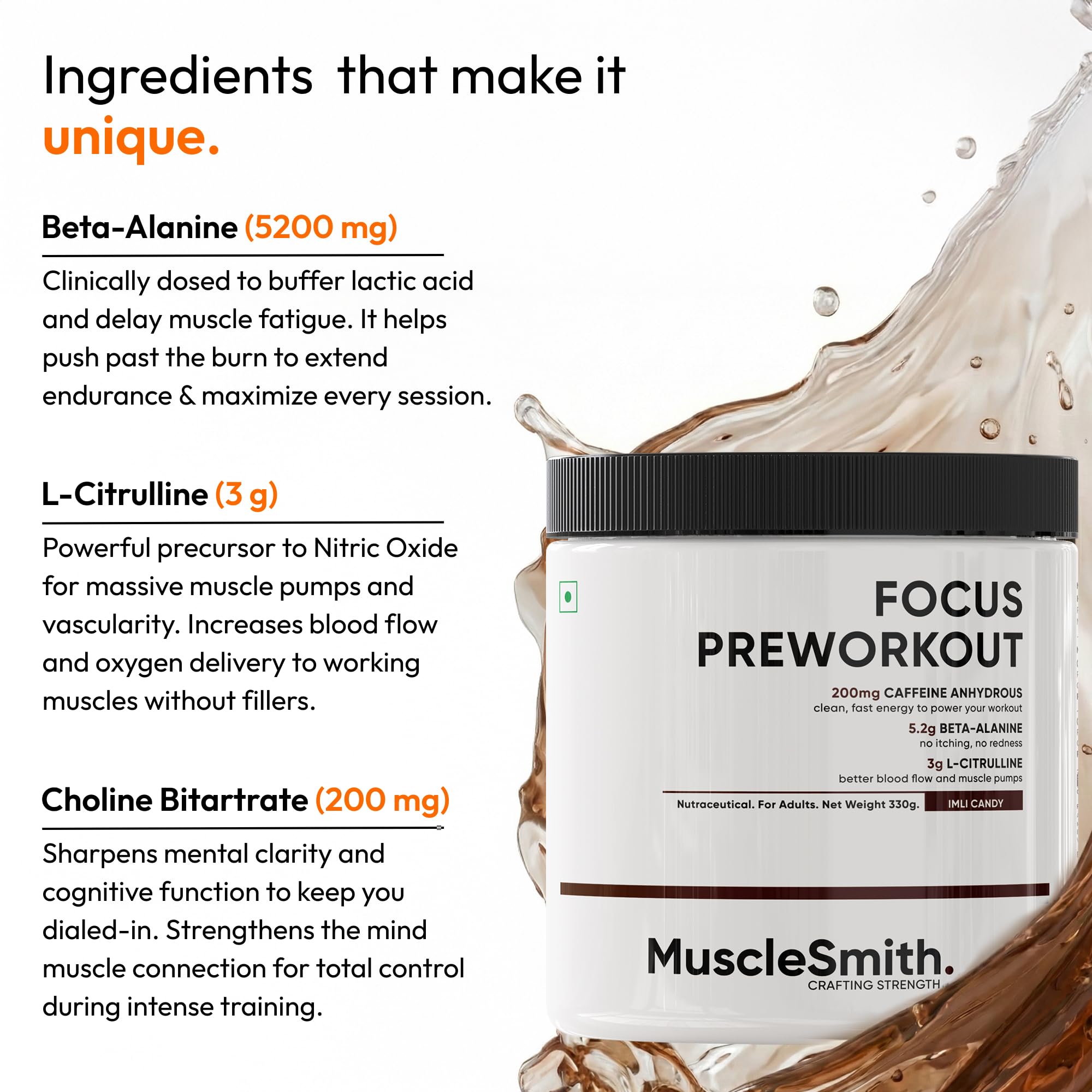 MuscleSmith Focus Pre Workout Powder| 200mg Caffeine, 5.2g Beta Alanine, 3g L-Citrulline, Choline & Taurine | Energy, Focus & Muscle Pump for Men & Women | Imli Candy | 30 Servings [11g Per Scoop] — Amazon image 4