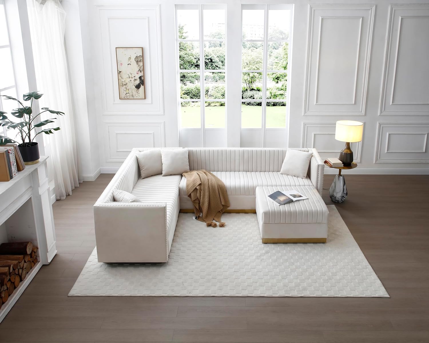 L-Shaped Corner Sectional Sofa 3 PCS Contemporary Sofa Sets include 3 Seaters Couch ,Armless Sofa and Ottoman, Nailhead Decor Corner L Shaped Sofa&Couch for Home Apartment Living Room Furniture Sets