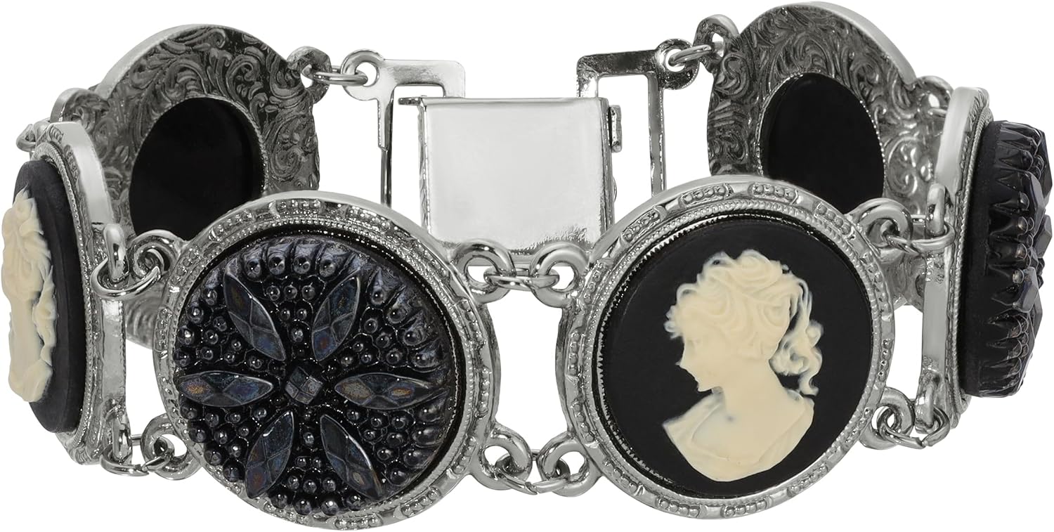 1928 Jewelry Women's Black Floral Glass Stone & Cameo Clasp Bracelet