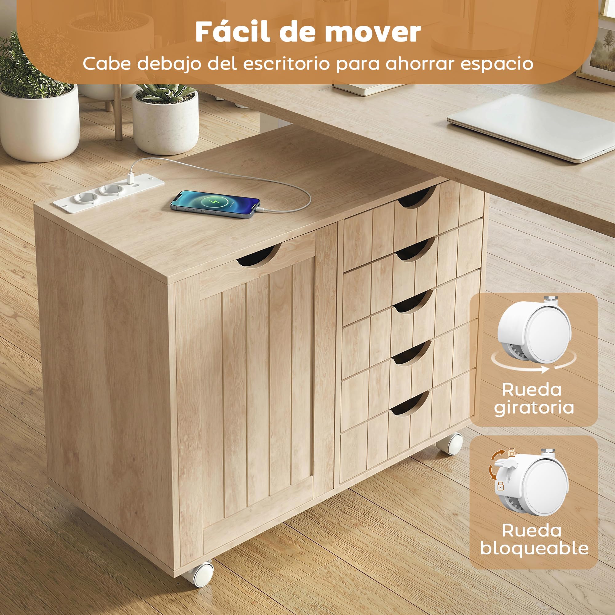 HOMCOM Mueble para Impresora con Estación de Carga y Ruedas, Soporte para Impresora, Cajonera para Escritorio con 5 Cajones, Puertos USB, Estante Ajustable para Archivador, Oficina en Casa, Natural