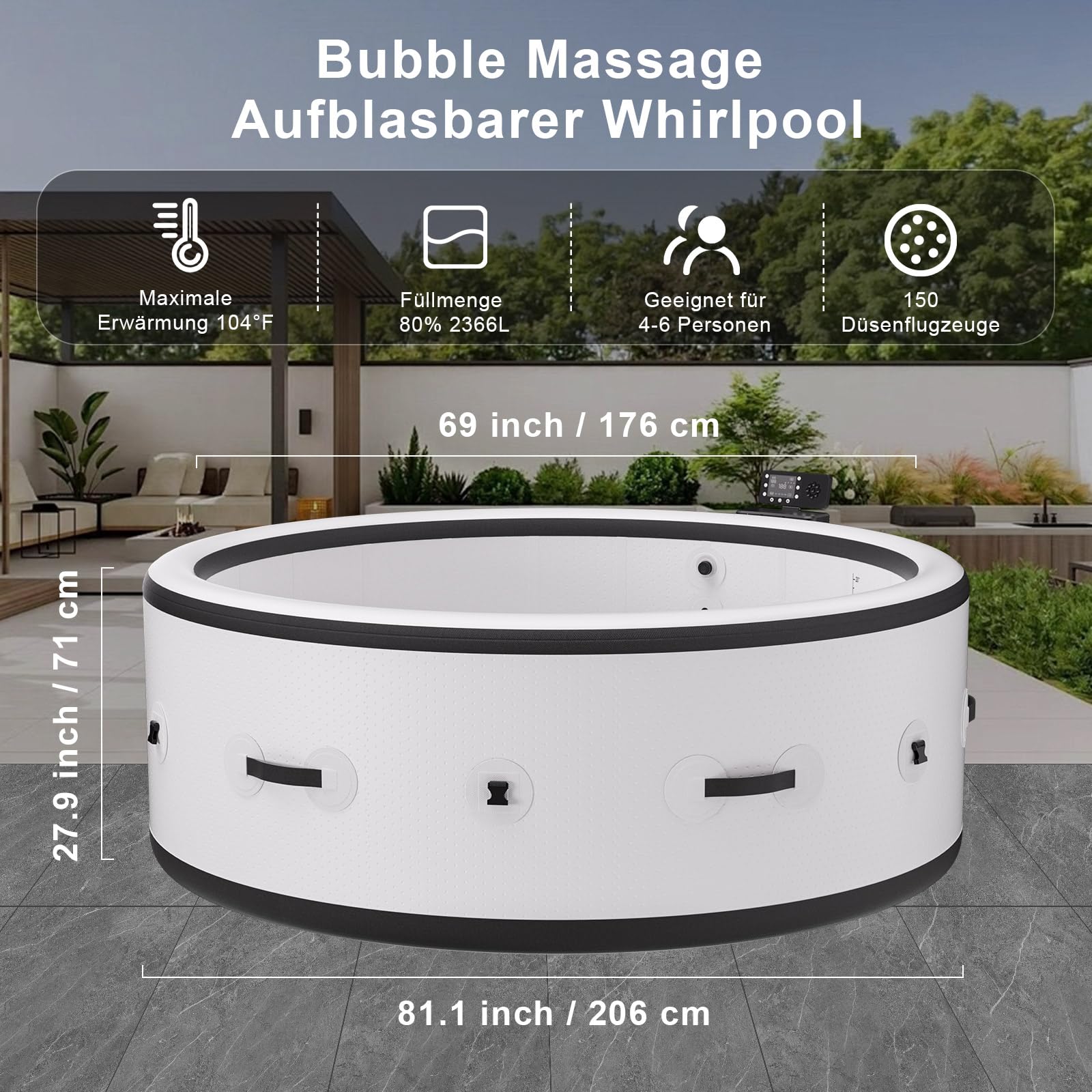 B&Y Whirlpool mit 3-stufiger Wellenfunktion und 6 Ambientebeleuchtung | Isolierte Abdeckung，Automatische Inflation & Deflation，Heizfunktion，Robuste Materialien