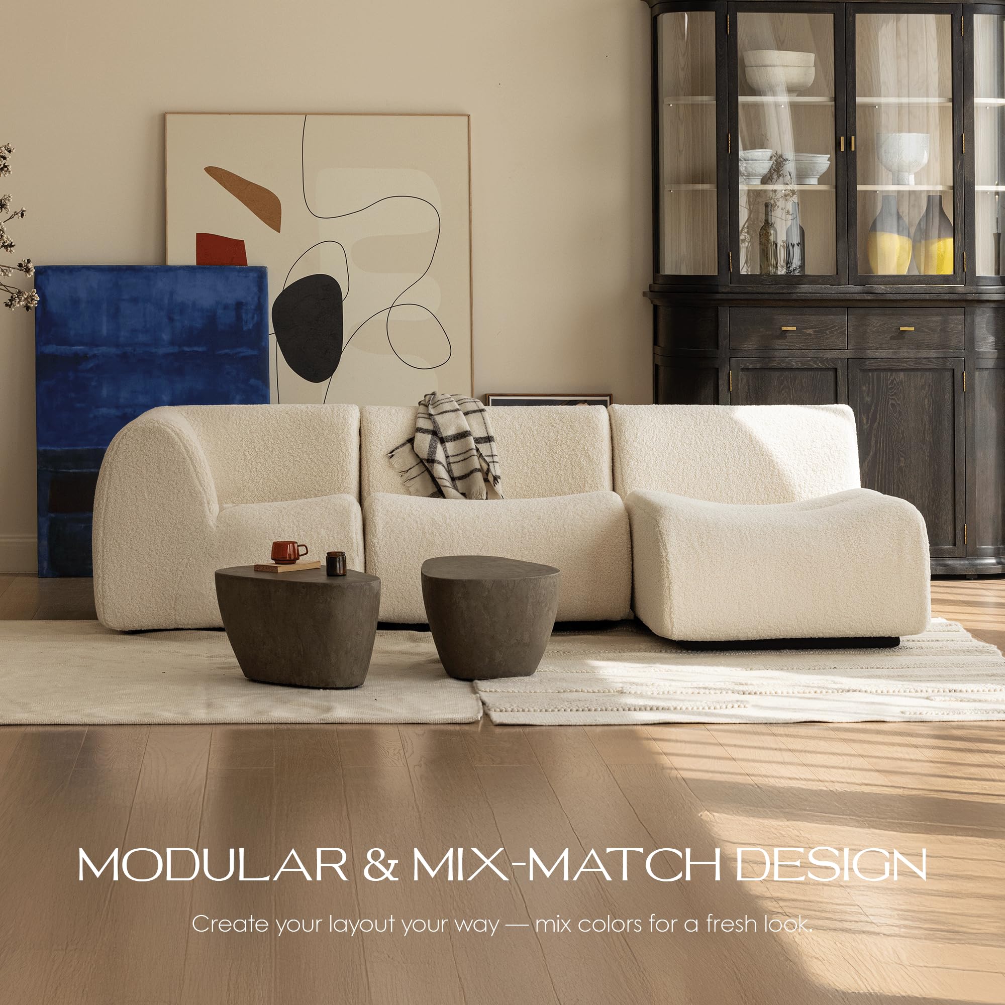 283 cm Curved Modulsofa mit Chaiselongue, Weiß, Bouclé Stoff, Cloud Sofa