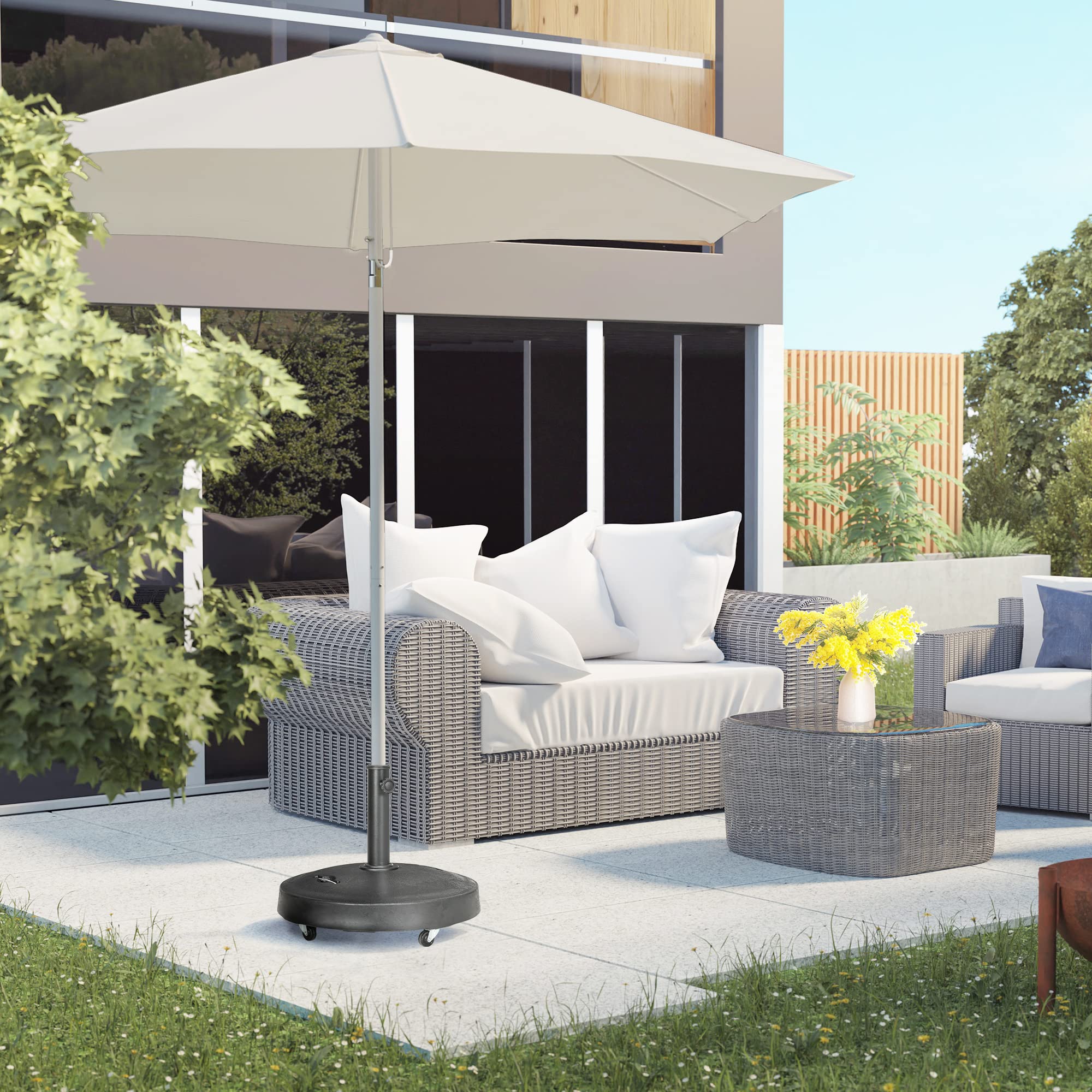 Outsunny Pied de Parasol Rond Base de Parasol de Jardin 25 KG avec roulettes et poignées rétractables en résine tressée Ø 53 x 41 cm Noir