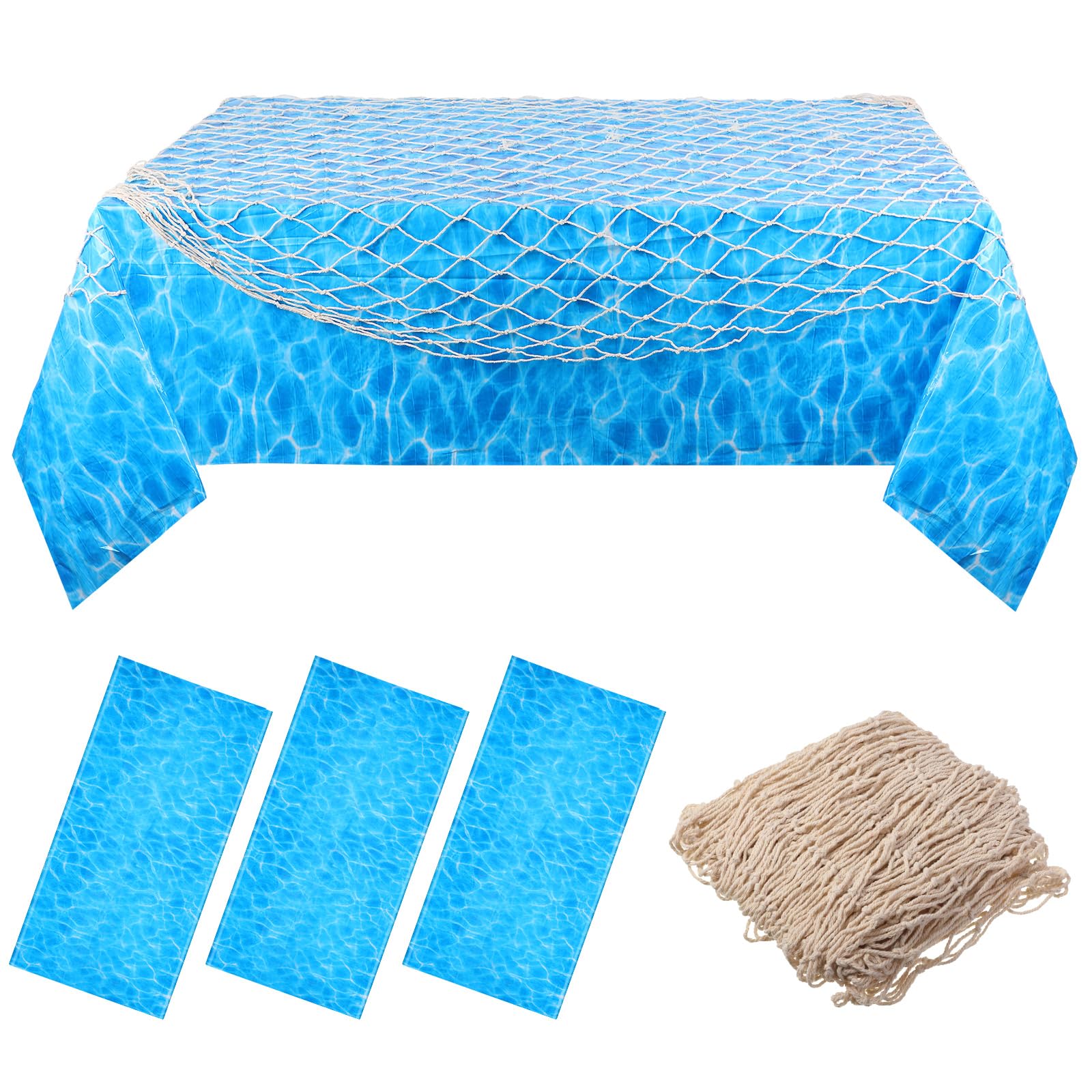 Tegeme 4 Pcs Fish Net Decorative and Tablecloth Set, Cotton Fishnet and Plastic Table Cover Decoration Set for Nautical Themed Party Pirate Mermaid