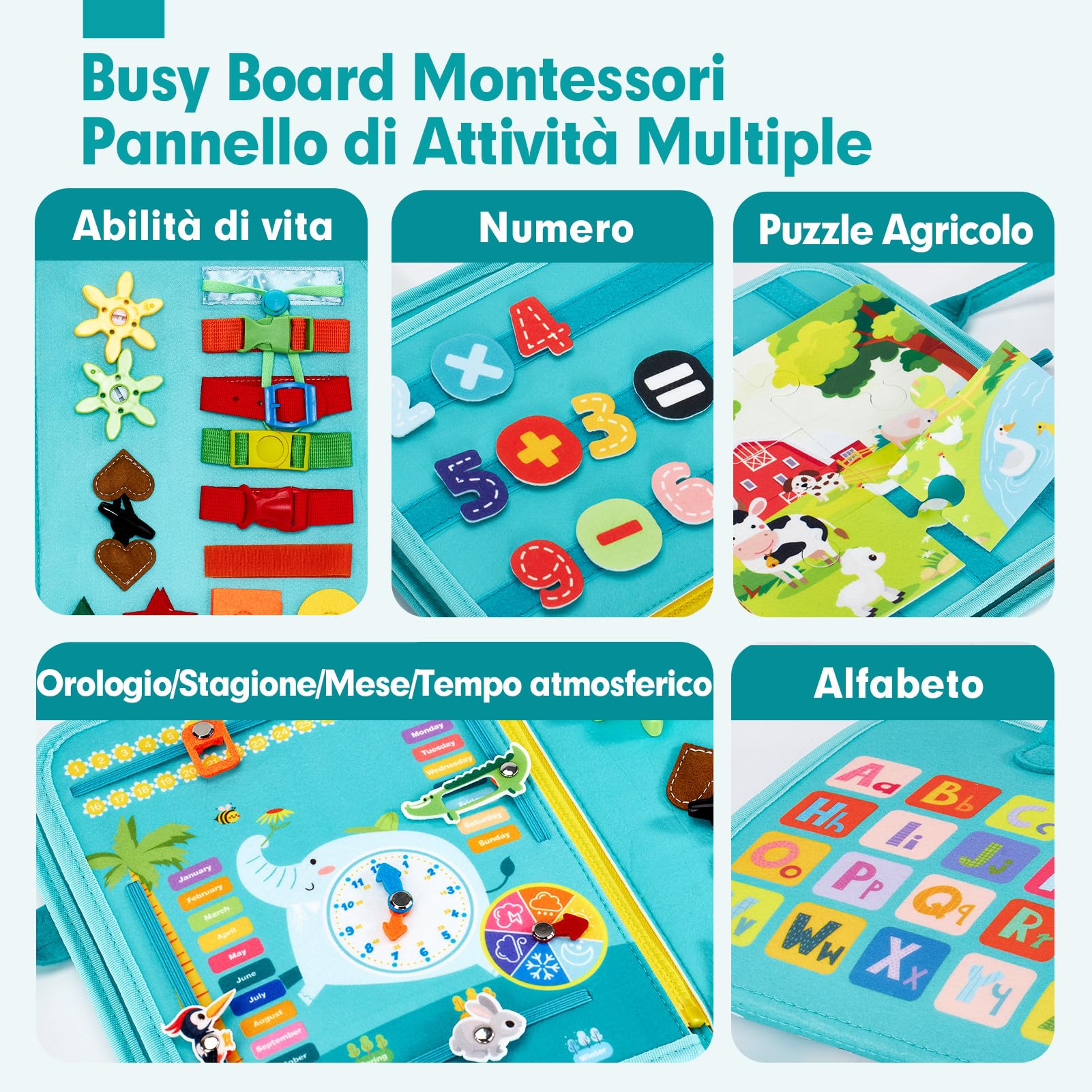 hahaland Montessori Busy Board di Feltro 1 2 3 Anni - Pannello Sensoriale Montessori Board Educativo - Giochi Bimba Bimbo Regalo Bambino Compleanno