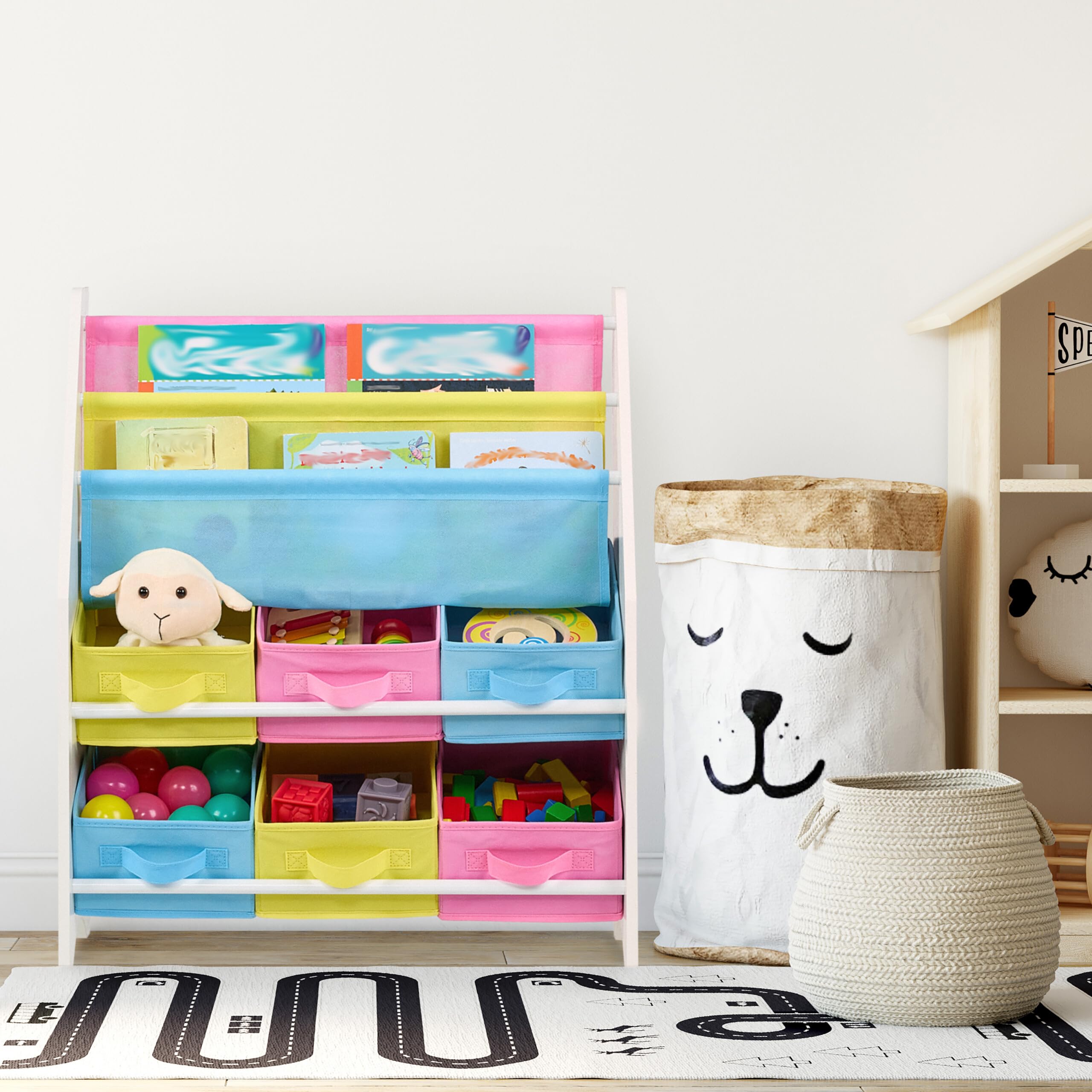 Relaxdays Estantería Infantil con 6 Cajas, 2 Bolsas de Tela, Organizador Juguetes para Niños, 74x62,5x31 cm, Multicolor