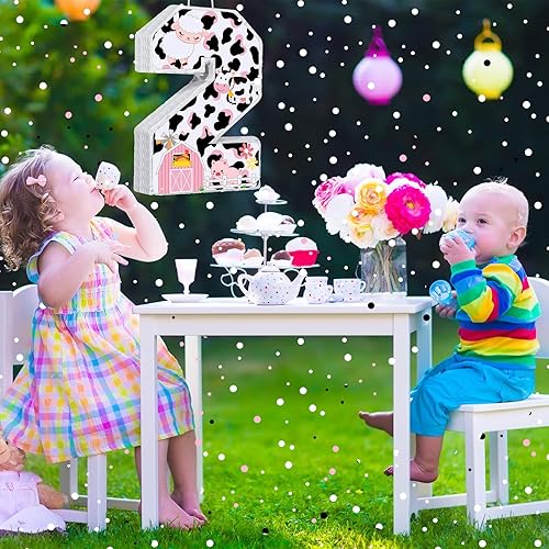 Miniatura 7 de Jexine Piñata de vaca número 2 de 16 pulgadas, granja de vacas rosadas, 2 piñata, fiesta, suministros de fiesta de cumpleaños con palo vendados y