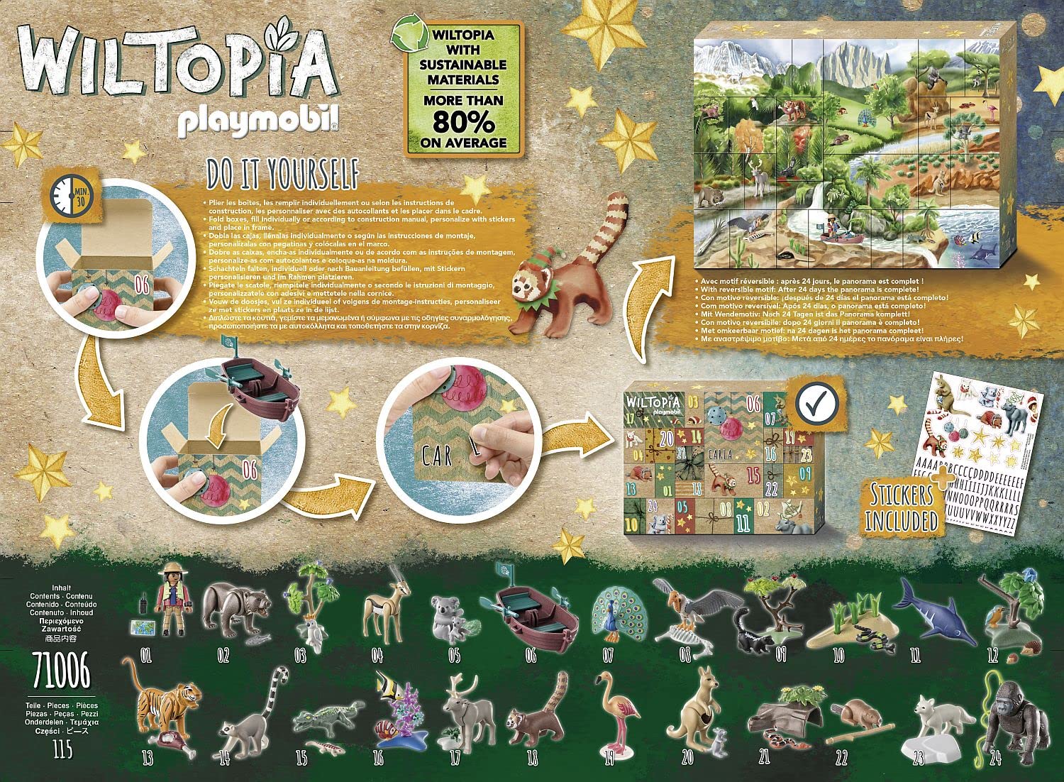 PLAYMOBIL Wiltopia 71006 DIY Calendario de Adviento para niños, Viaje de animales alrededor del mundo, Incluye 23 figuras de animales de todo el mundo, Juguete sostenible para niños a partir de 4 años