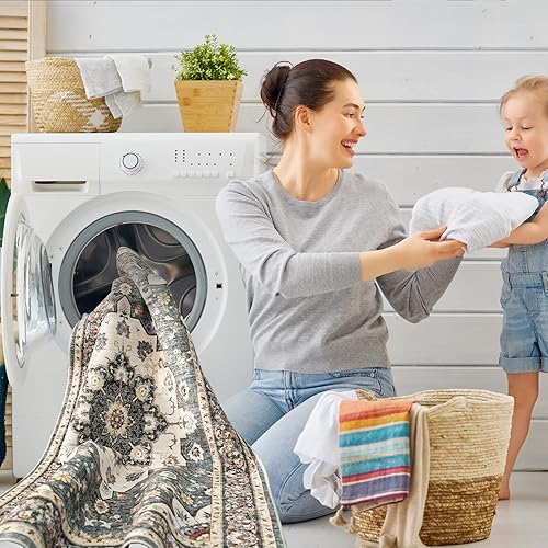 Miniatura 5 de Alfombra oriental lavable de 5 x 8 pies, alfombra suave para sala de estar, dormitorio, impermeable, floral, envejecida, resistente a las manchas,