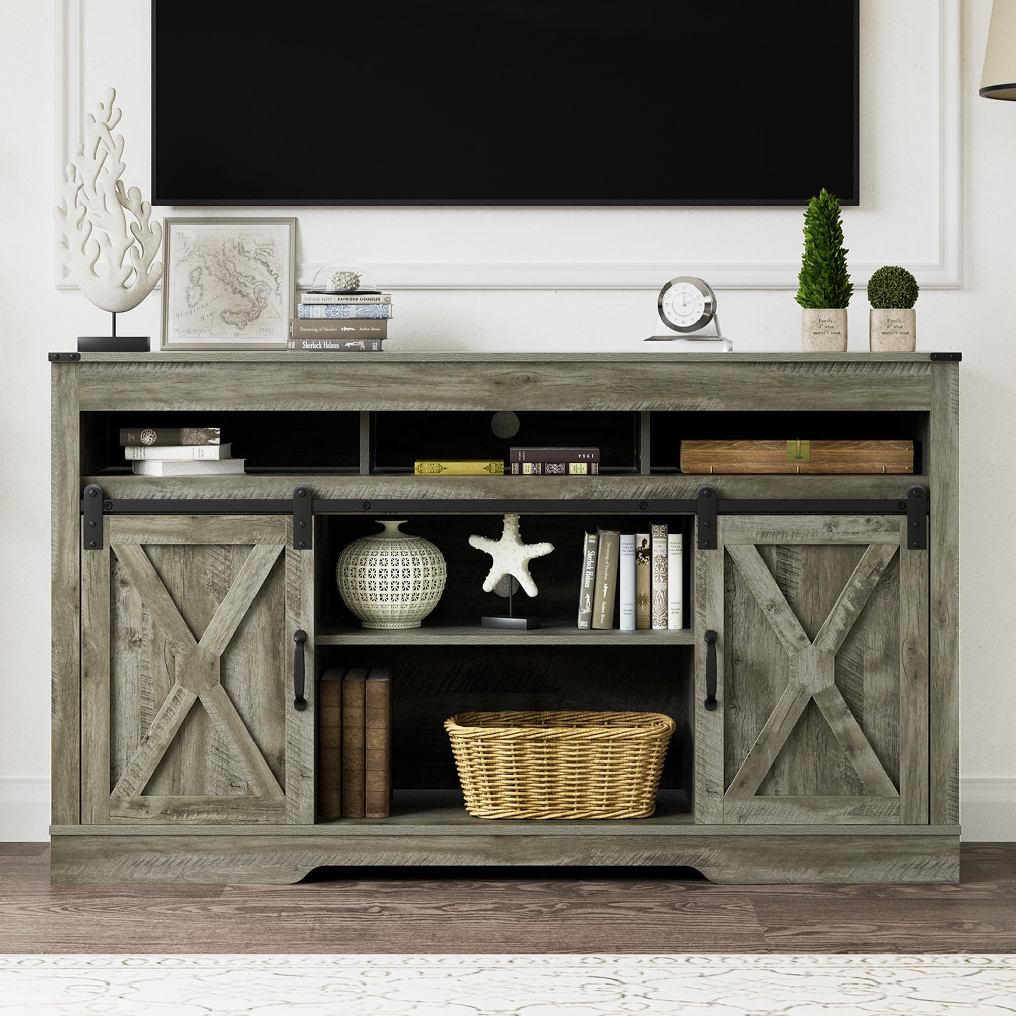 FansaFurn Farmhouse TV Stand for 65+ Inch TV, 34'' Tall Entertainment Center with Sliding Barn Doors, Rustic Wood Media Console Storage Cabinet