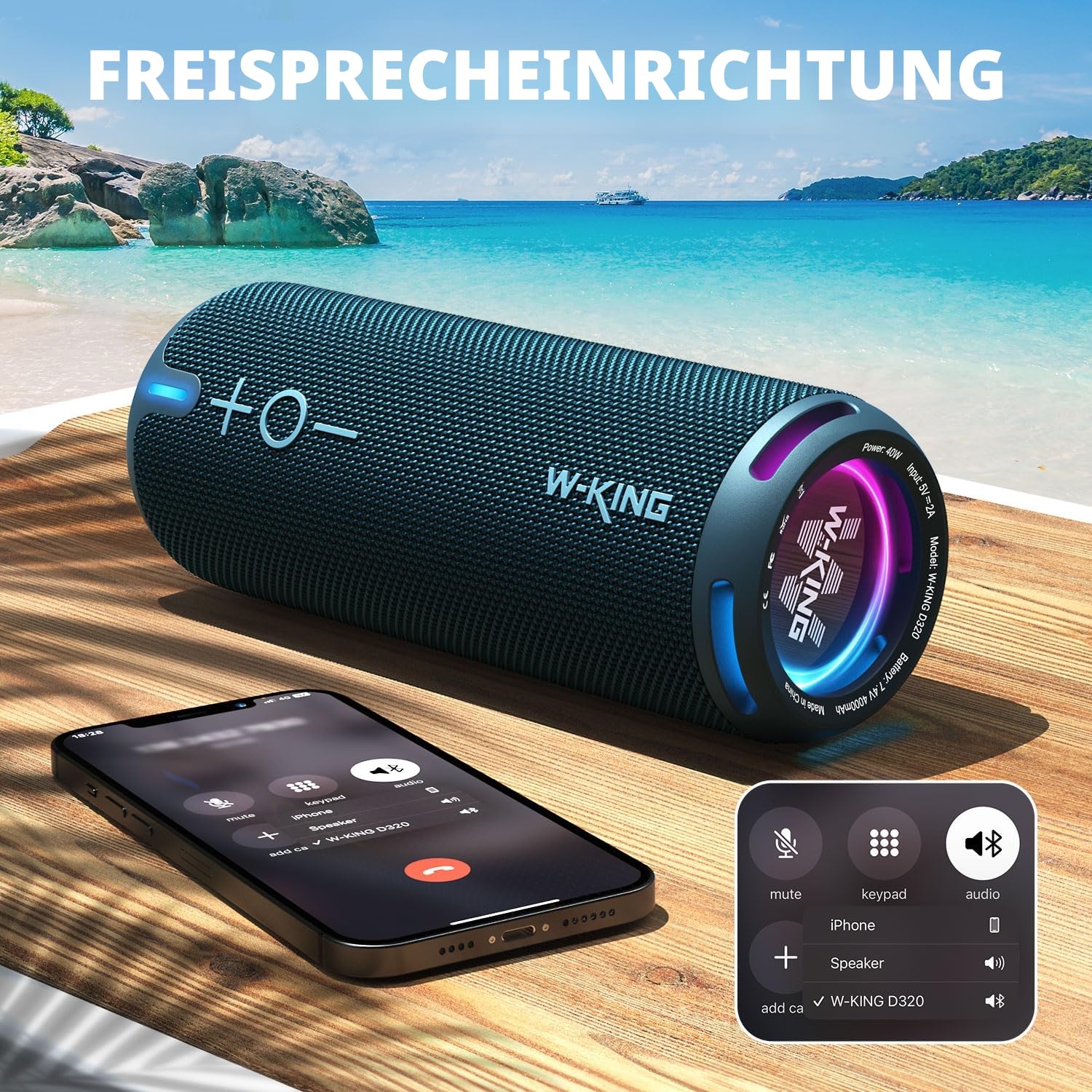 W-KING Bluetooth Lautsprecher Box, IPX7 Musikbox Lautsprecher Boxen Bluetooth Outdoor Tragbarer, Angepasster EQ-App/Diefer Bass, 360° Sound mit V5.3/Lichter/DSP/TF/AUX, 40W Party Dusch Klein Boom Box
