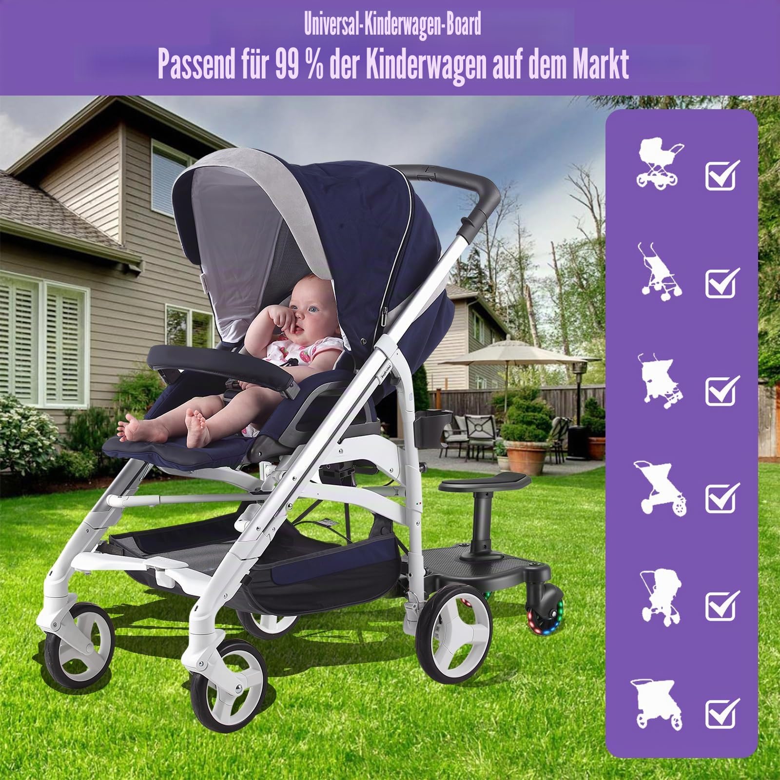 Buggy Board mit LED-Blitzräder, Trittbrett Mitfahrbrett Universal mit Sitz, Kiddy Board für 2-6 Jahre alte Kinder(Belastung 25 kg), Buggy Board für alle Kinderwagen