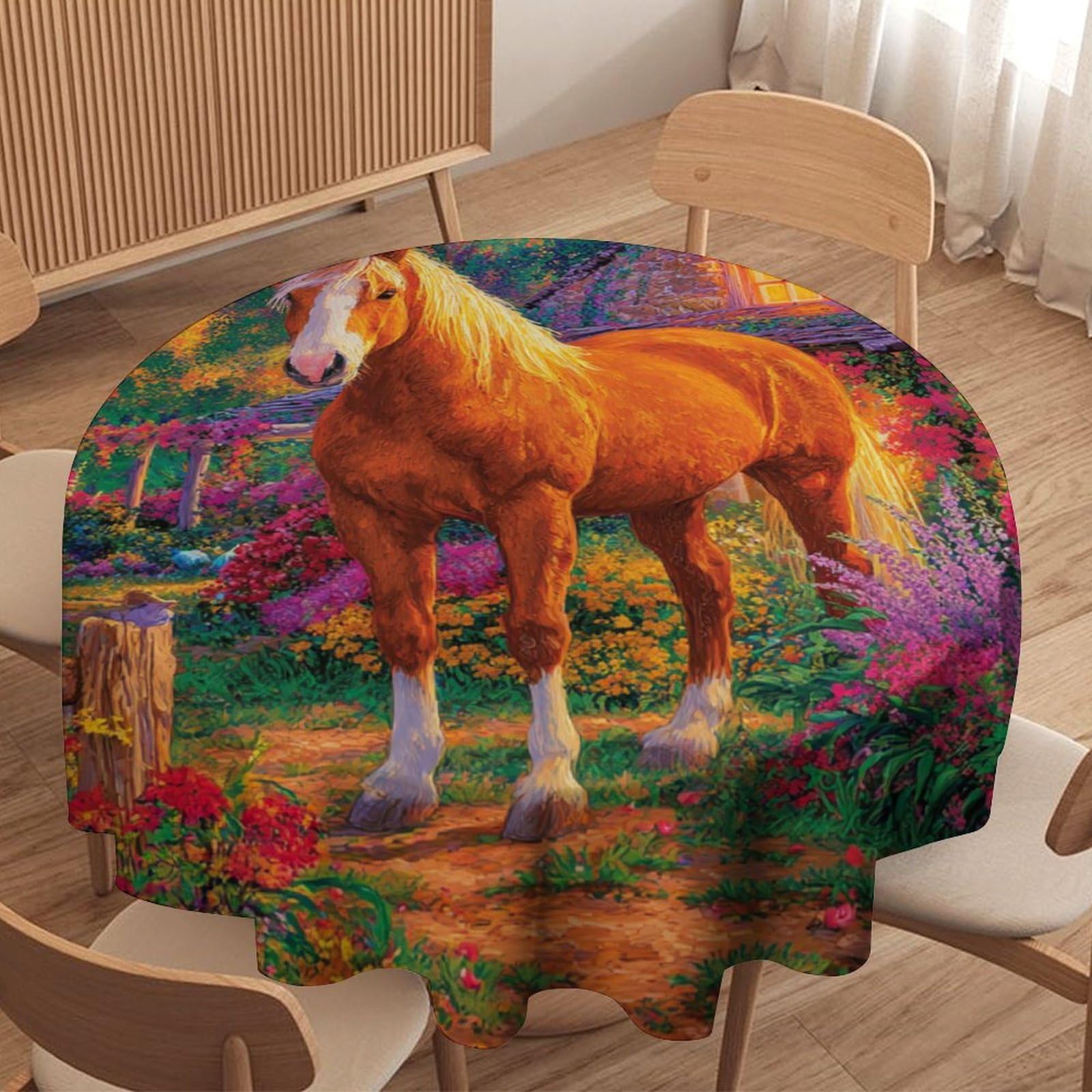 LUYYSKY Colorful Rustic Horse Round Tablecloth Beautiful Vintage Spring Garden Plants Flowers Animals Birds Print Washable Decor for Table Cover for Kitchen-36 Wx36 L