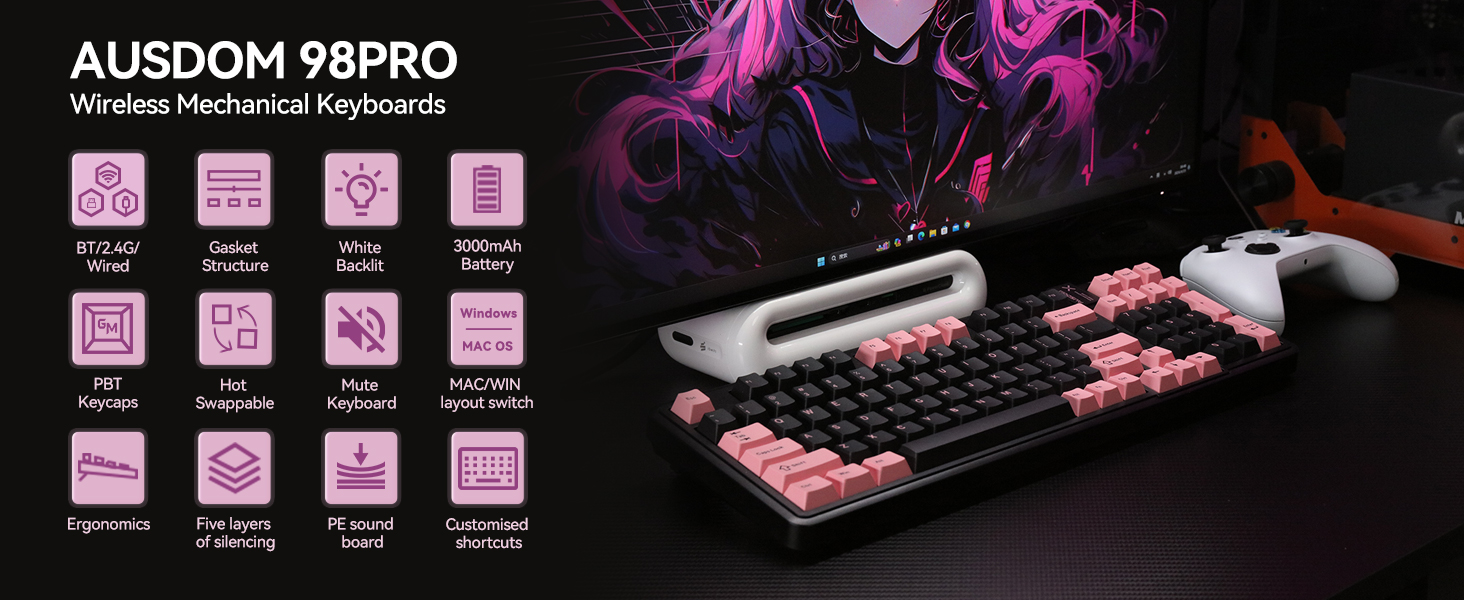 Amazon.com: AUSDOM 98Pro Silent Wireless Mechanical Keyboard, Tri
