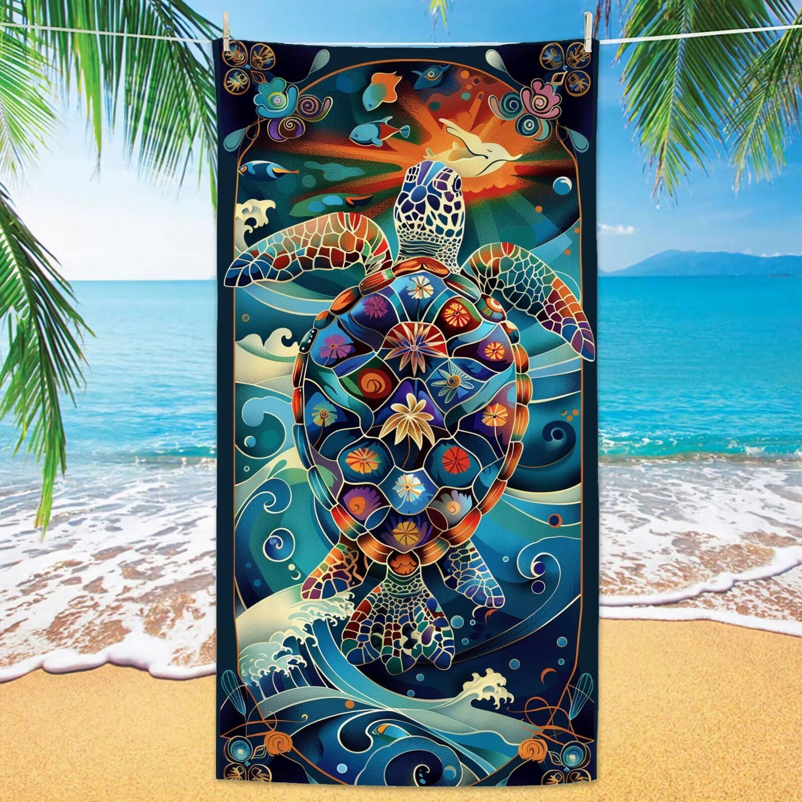 Ręcznik plażowy, kolorowy, z mikrofibry, 100 x 220 cm, żółw, 2 sztuki, szybkoschnący, ultra cienki, kompaktowy, nie zajmuje dużo miejsca, z torbą, dla kobiet i mężczyzn, na kemping, fitness, urlop, YJ