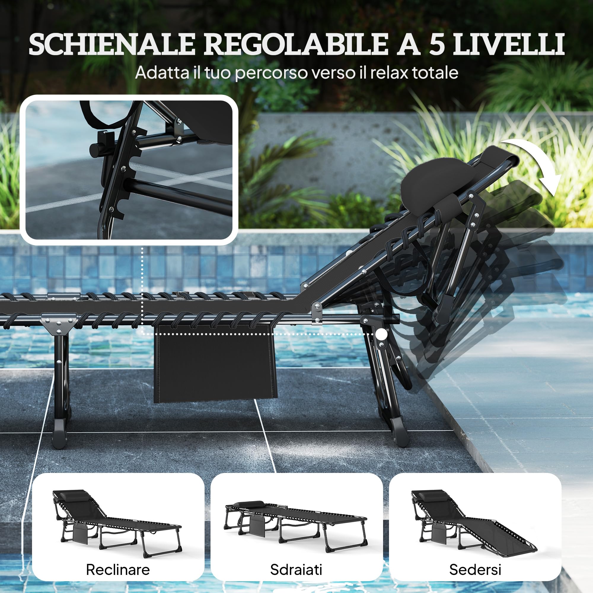 Outsunny Lettini Prendisole da Giardino Pieghevoli 57x200x38cm Nero | Set di 2, Reclinabili 5 Livelli con Poggiatesta, Sdraio da Giardino in Texteline, Tasca Laterale, Maniglia