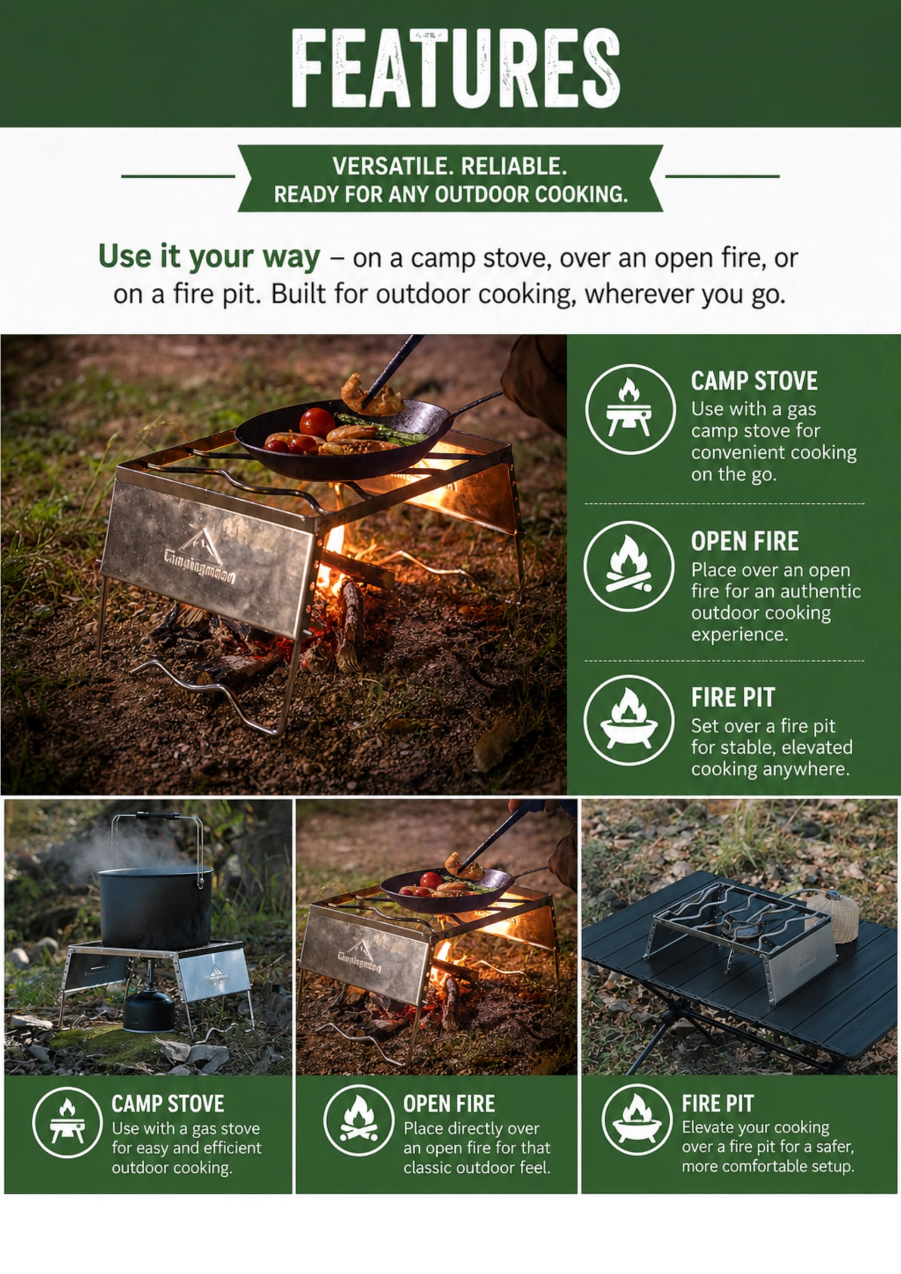 Campingmoon MS-1018 tragbarer Lagerfeuer-Grill aus 304 Edelstahl, für Dutch Oven Kochgeschirr mit Windschutzscheibenbeinen und Tragetasche