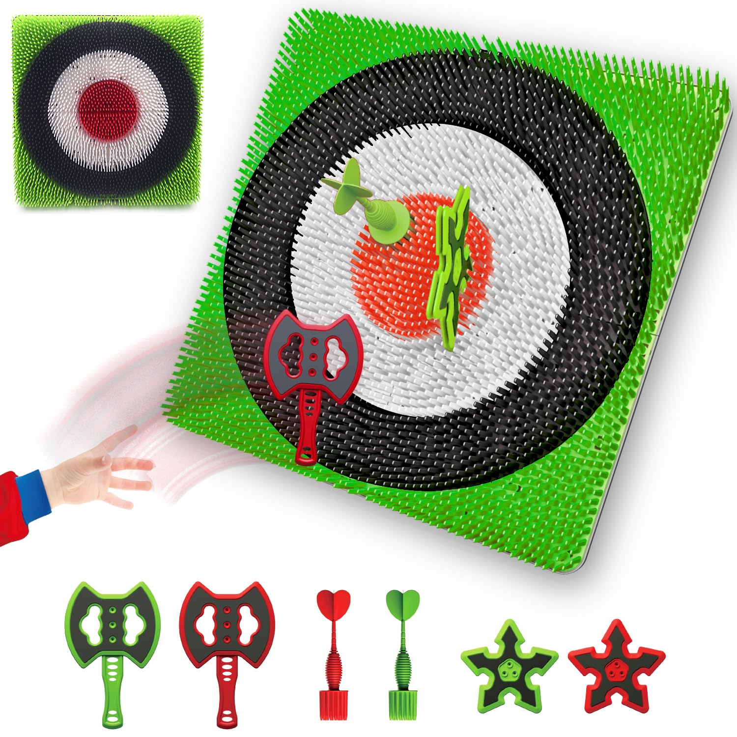 Axe Throwing Target Set for Backyard - Plastic Throwing Axes Game for Adults Kids - Bristle Target Wall-mounted, 2 Throwing Axes, 2 Ninja Stars, 2 Darts Includes - Indoor Outdoor, Yard Carnival Games