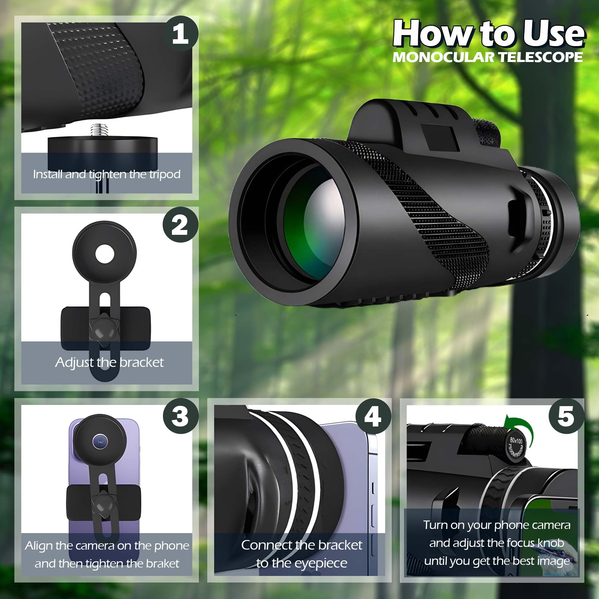 80x100 Zoom Monocular Telescope Tripod For Bird Watching Hunting Camping Outdoor