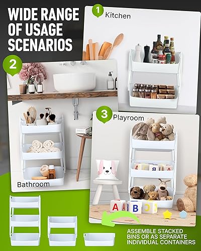 Miniatura 6 de Skywin Contenedores apilables de plástico de 3 niveles de 11.4 x 11 x 19.7 pulgadas con soportes para protección adicional, para almacenamiento de