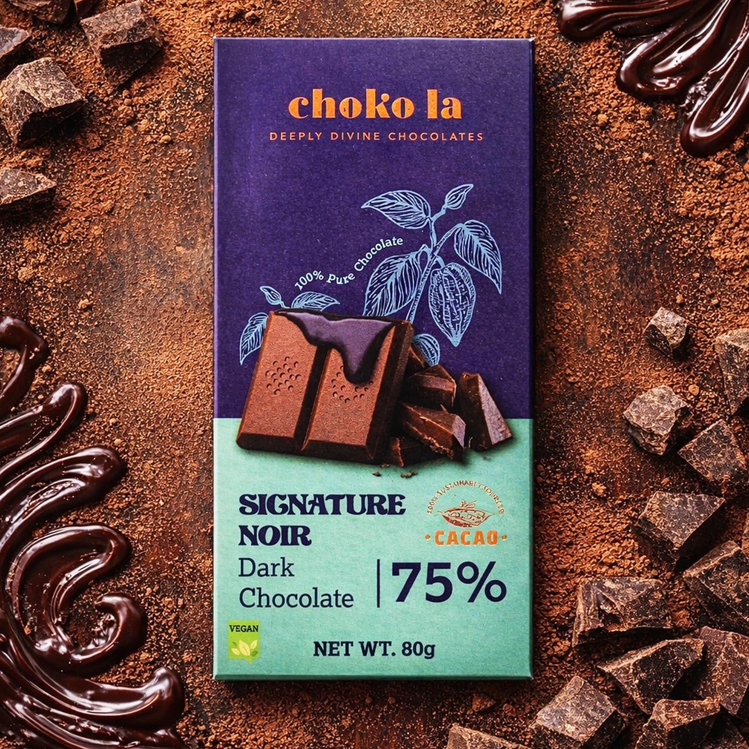Chokola Signature Noir 75% Dark Chocolate Bar – Premium Rich Cocoa Dark Chocolate, 80g
