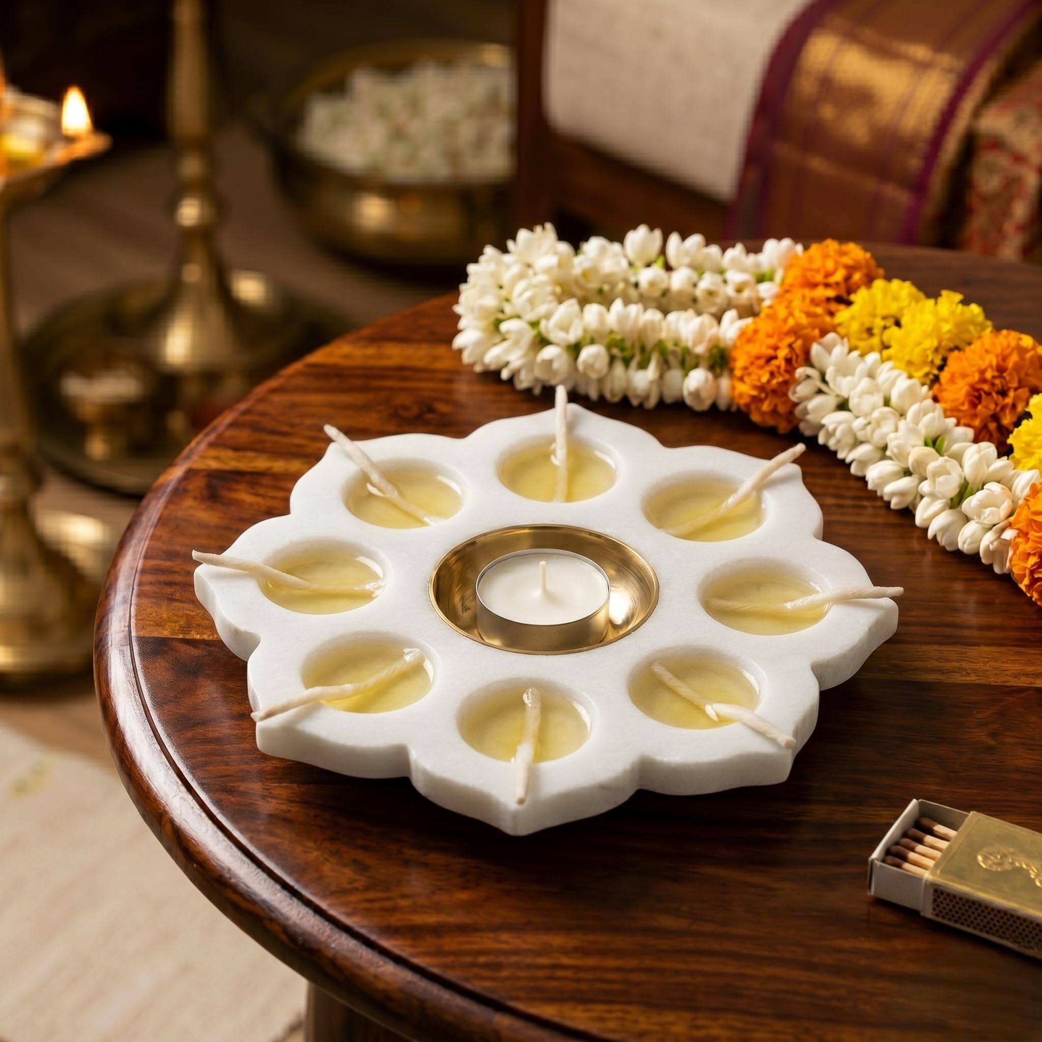 White Marble Lotus Tealight & Diya Bati Holder | 8 Diya Slots with Centre Brass Cup | Handcrafted Pooja Thali for Diwali, Navratri & Festive Gifting-image-40