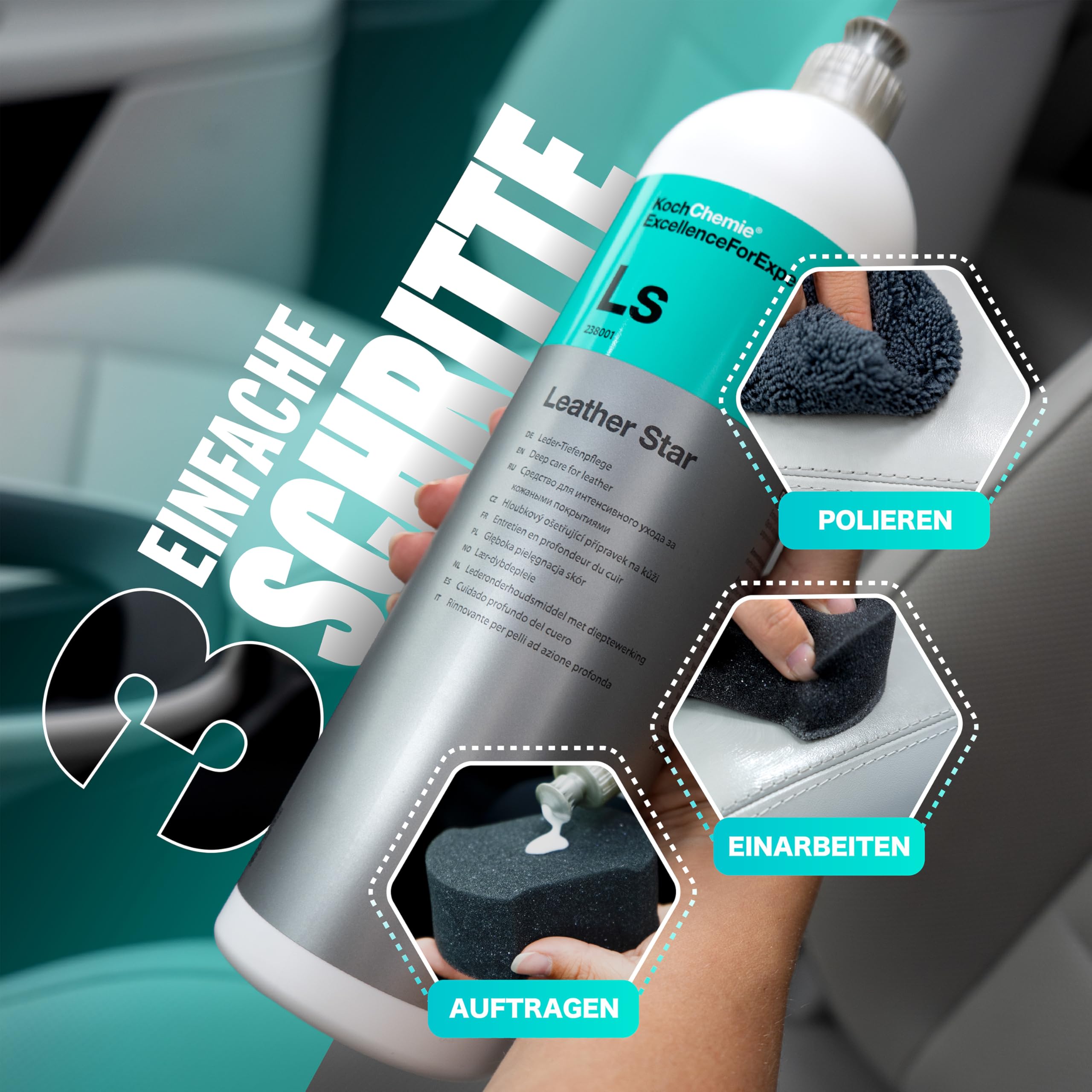 Lederpflege Set | Koch Chemie Leather Star Leder Tiefenpflege Seidenmatt 1l + Auftragsschwämme + Mikrofasertücher | Pflegemittel für Autositze Lenkrad Sofa Couch | Pflege für Auto Motorrad & Haushalt
