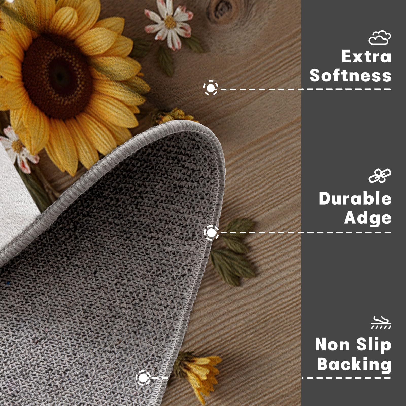Landhausstil Waschbarer Runder Teppich 150cm, Pflegeleicht rutschfest Natürlich Sonnenblumen Holzmaserung Teppich, Kurzflor Gelb Teppiche für Schlafzimmer Badezimmer Eingangsbereich Kinderzimmer