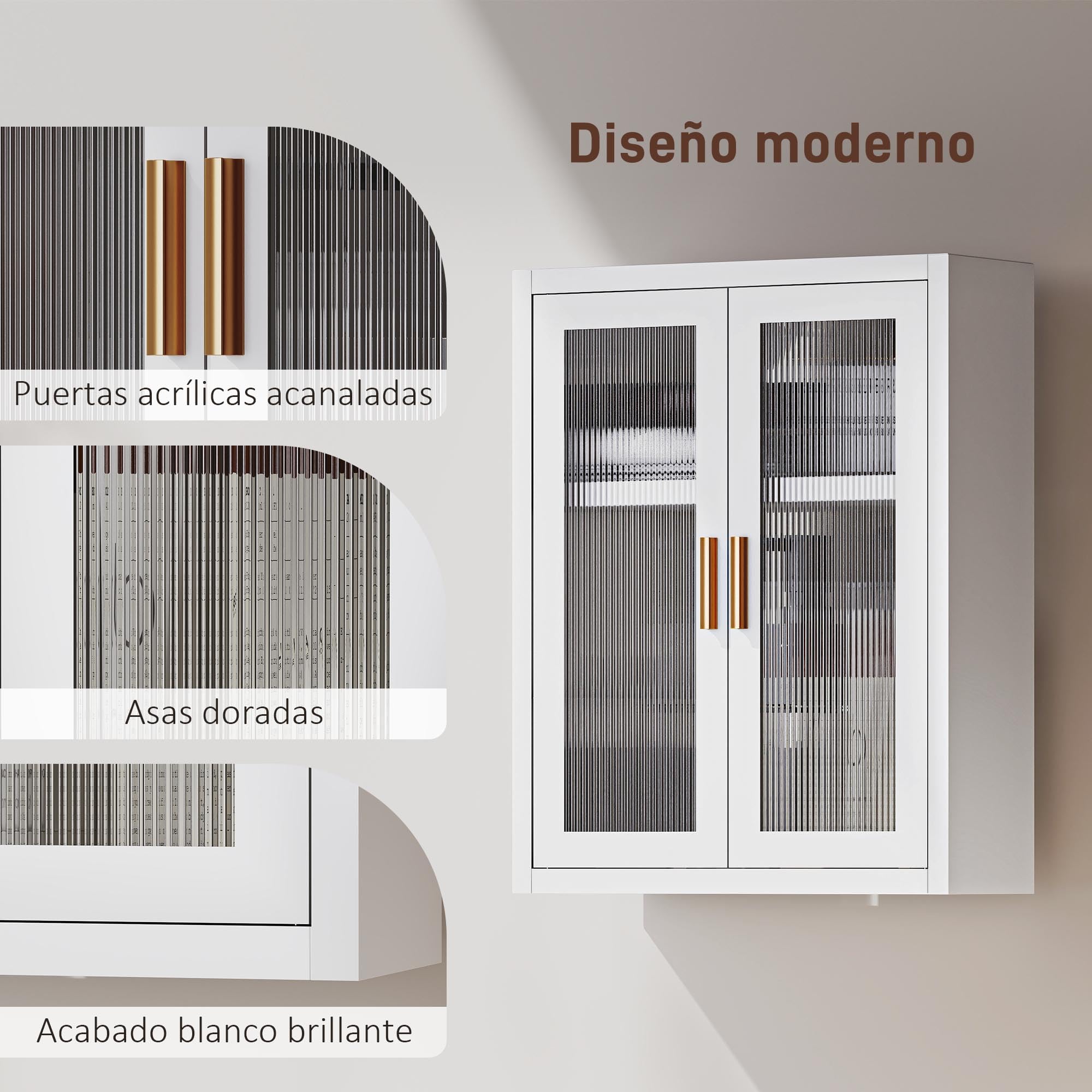 HOMCOM Armario de Baño de Pared Moderno con Puertas de Acrílico Blanco | Mueble de Baño Colgante, Estante Ajustable, Cierres Magnéticos, Armario de Almacenamiento, Lavadero, sobre Inodoro