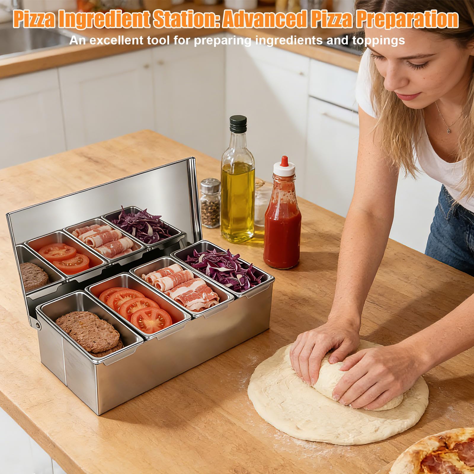 Multi Zutatenbehälter mit Löffel, Pizza Zutatenbehälter aus 304 Edelstahl mit 4 Fächern für Pizza-Belagstationen, Salatstationen und Barbehälter Verwendet