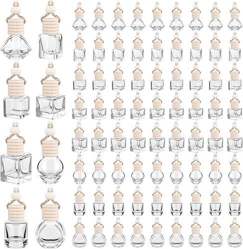 Dandat 80 unidades de 0.3 fl oz para colgar ambientador de automóvil, botella colgante vacía de vidrio transparente para aromaterapia, difusor de