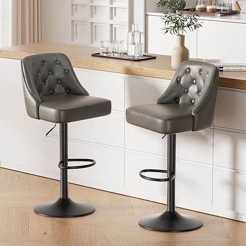 Miniatura 8 de Juego de 2 taburetes de bar, taburete de bar ajustable de altura de mostrador con respaldo, sillas de bar tapizadas de piel sintética, taburetes de