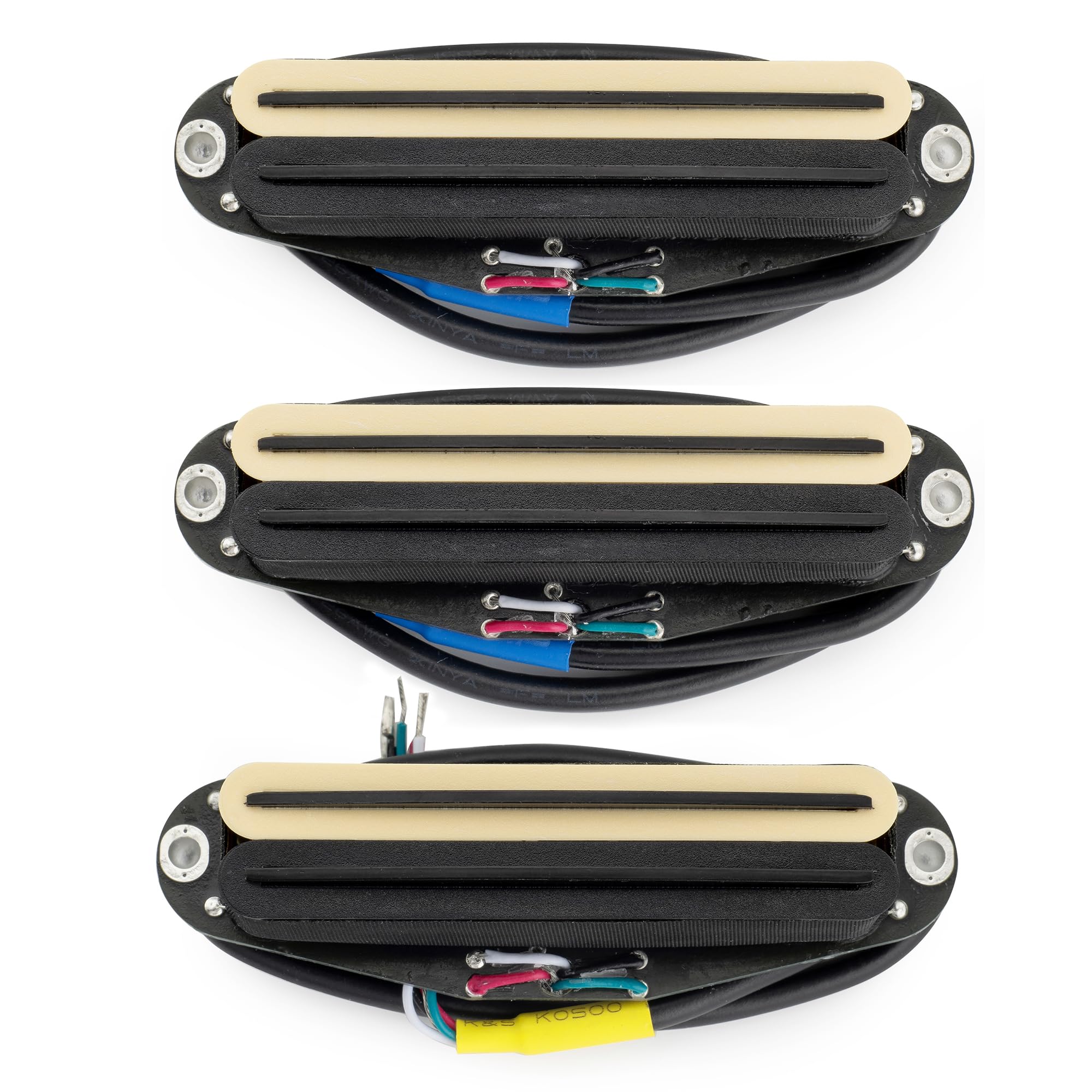 Musiclily Pro ST-DPHC Cerámico Pastillas Humbucker Formato Single Coil Super Distortion Mástil/Medio/Puente Pickups Set para Guitarra Eléctrica tipo Strat, Cuerpo Zebra Raíl Negro