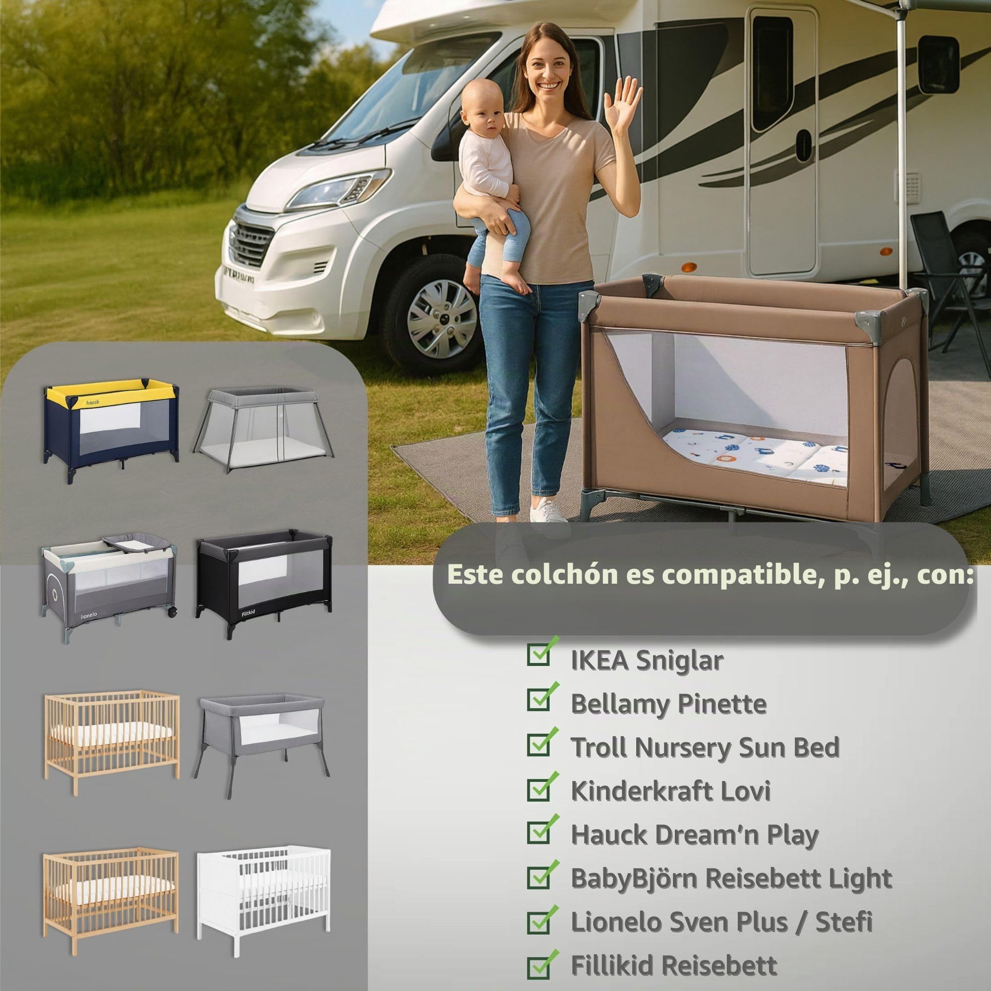 Colchón Cuna 60x120 cm plegable para cuna de viaje – Funda desenfundable lavable en lavadora a 30 grados & bolsa incluida – Colchón Bebé Infantil en espuma firme Beige con estrellas blancas
