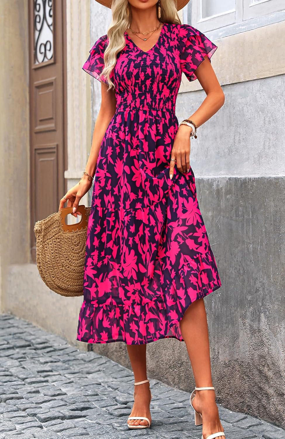 BTFBM Women Casual Summer Short Ruffles Tiered Sleeve Smocked Midi Dresses Bohemian Floral V Neck Wedding Guest Long Dresses - Image 4