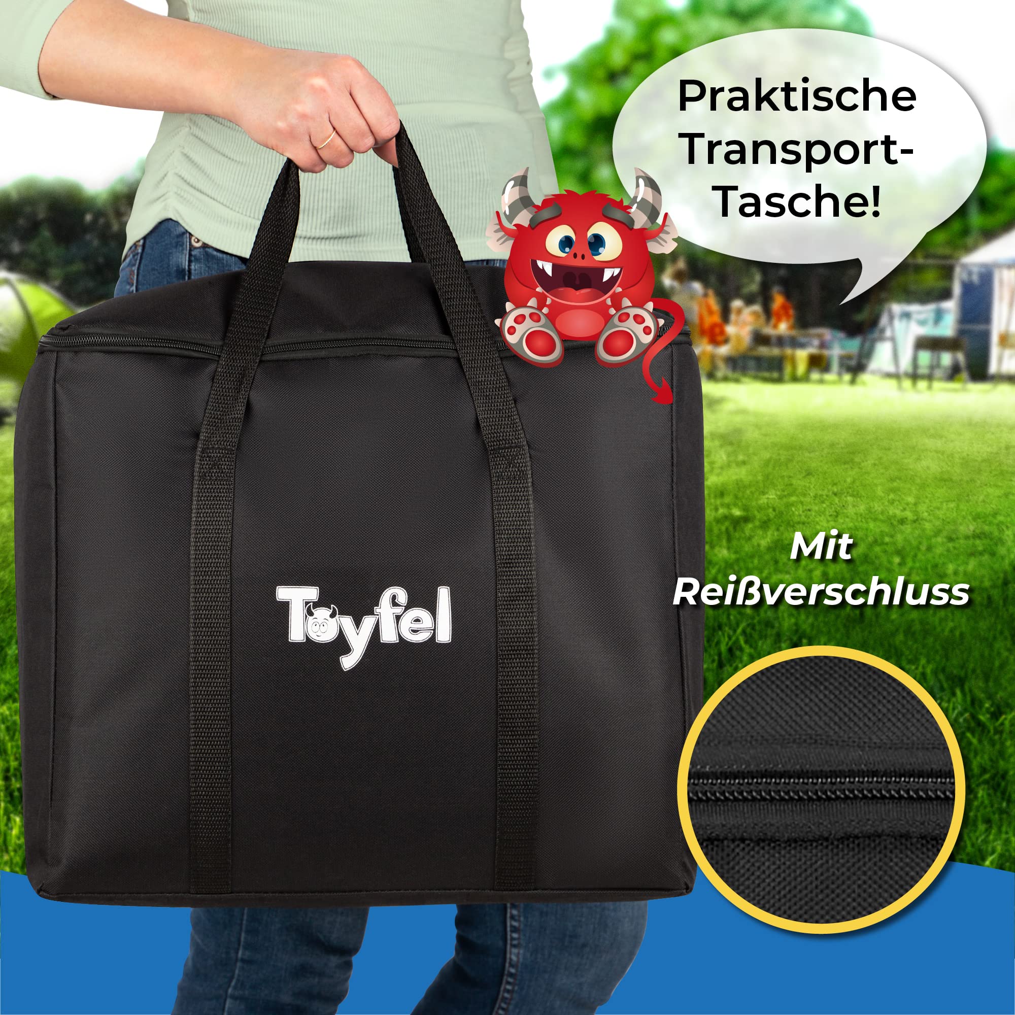 XXL Wackelturm Riesen Stapelturm Outdoor Spiel - Toyfel® Wackelturm Holz 0,7-1,2m hoch Bodenplatte, Tragetasche, Punktetafel Familienspiele Holz FSC® Gartenspiele Spiele für draußen Tip Tower
