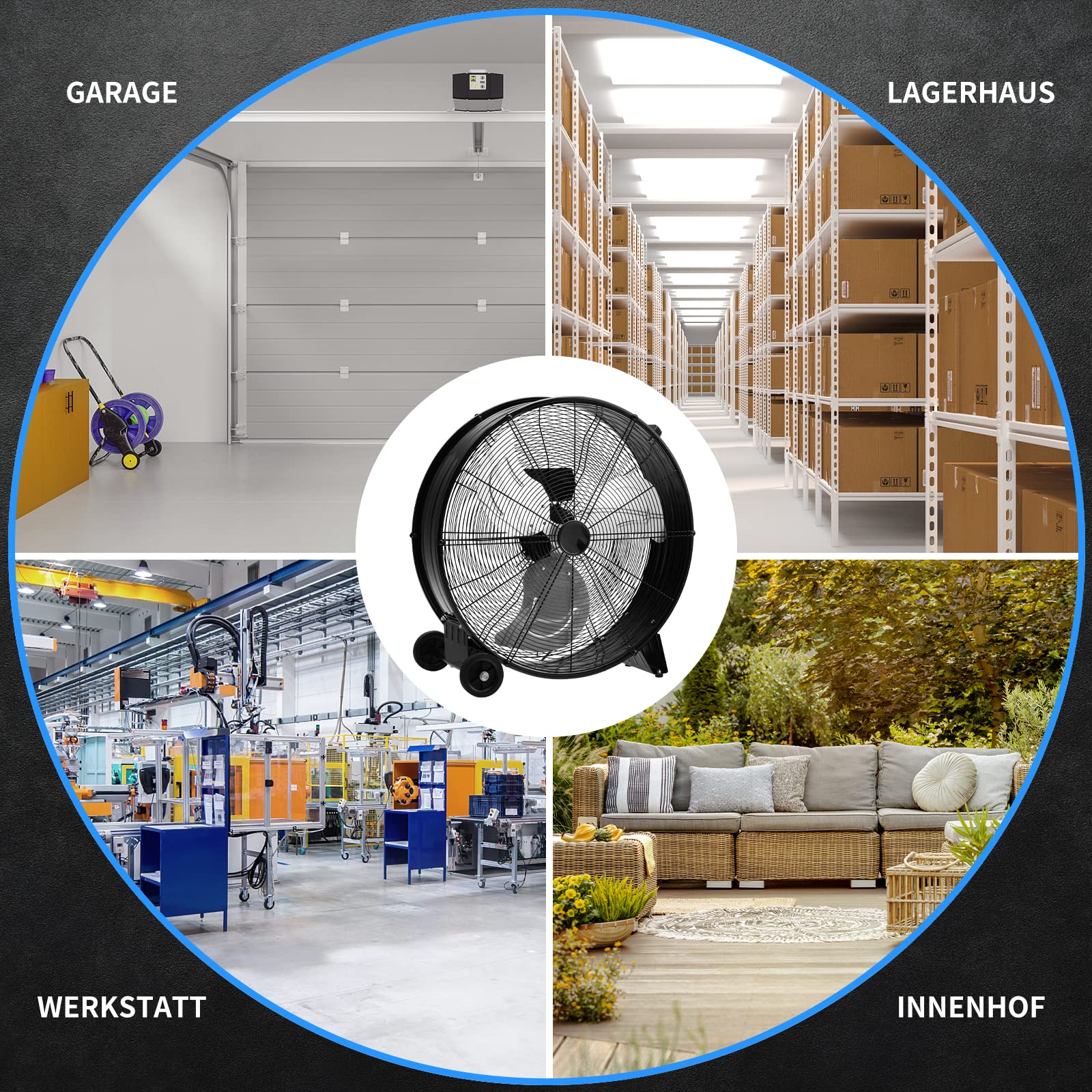COSTWAY 65cm Bodenventilator groß, 180W Windmaschine 3 Stufen | Trommelventilator industriell mit Rollen, Leistungsstarker Standventilator für Lager, Werkstatt, Terrasse und Keller