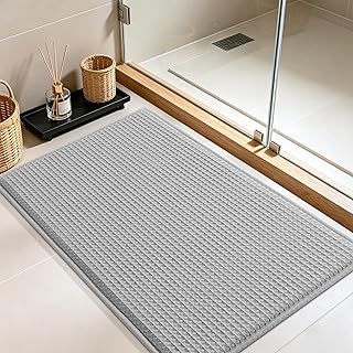 Memory Foam Bath Mat, Ultra Soft Absorbent Waffle Bathroom Rugs, Super Non-Slip PVC Backing Bath Rug Quick Dry, Machine Washable Rug for Tub, Shower, Home Decor Accessory, 24" x 17", Light Gray
