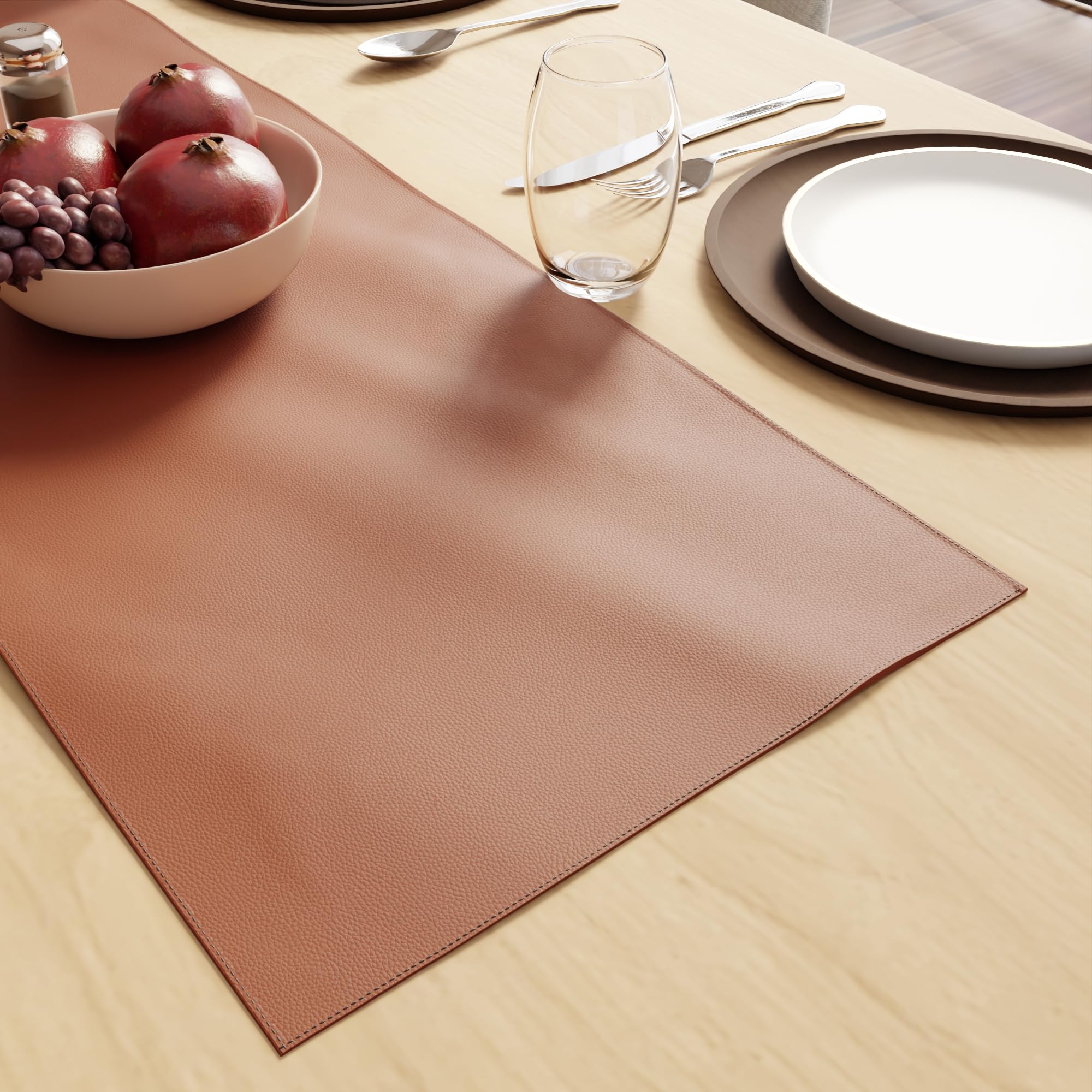 Encasa XO Faux Leather Table Runner | Size 30x91 cm with 0.7mm Thick | Waterproof & Nonslip Tricot Backing | Tan Color For Dining & Kitchen Table Decor