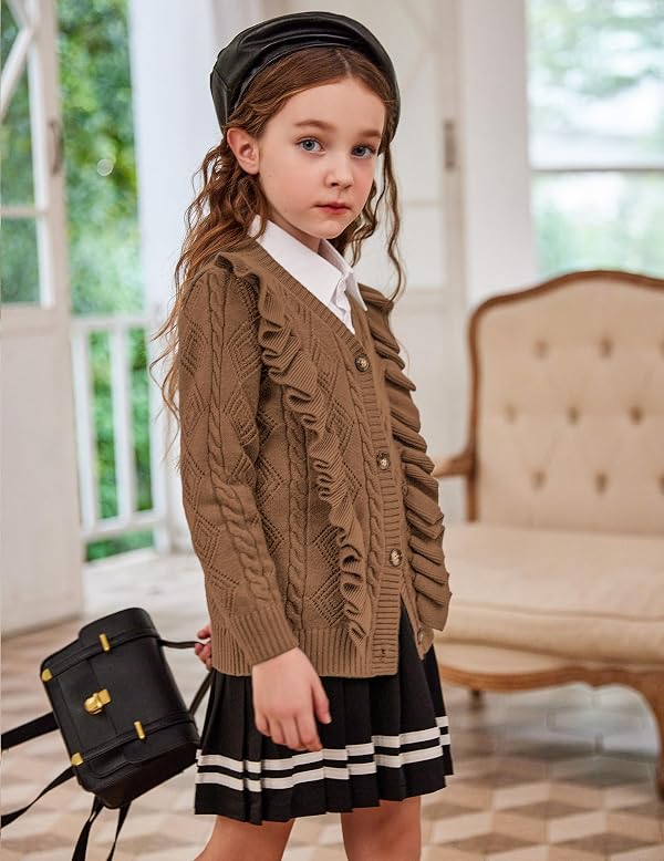 Arshiner Girls School Uniform Cardigan Sweater V Neck Ruffled Cable Knit Fashion Cute Sweater Outwear Button Down Pointelle Knitted Tops Clothes Coffee Brown for 11-12 Years by Arshiner - Used condition - Image 8